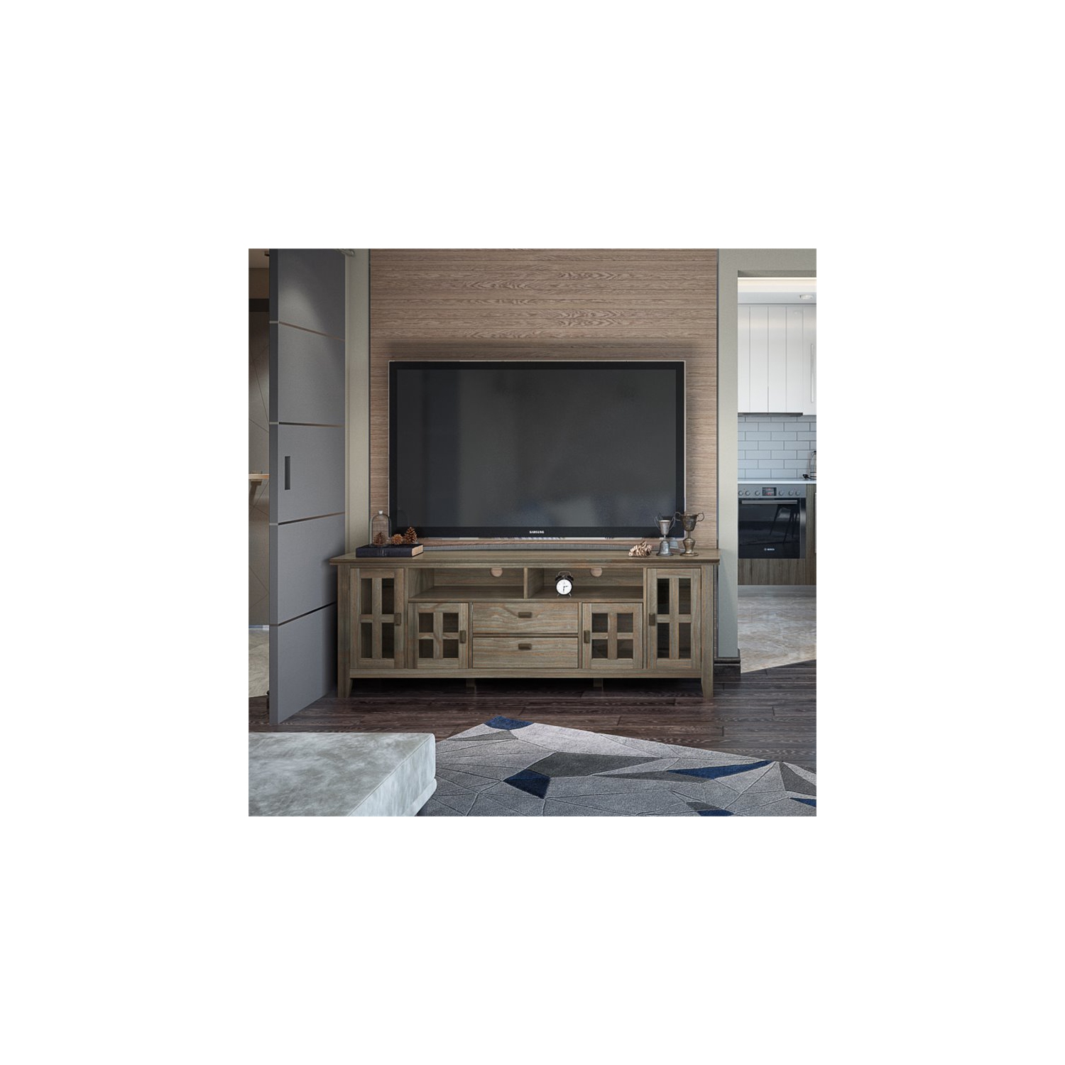 Simpli Home Artisan Wood 72" Transitional TV Media Stand in Gray For TVs up to 80"