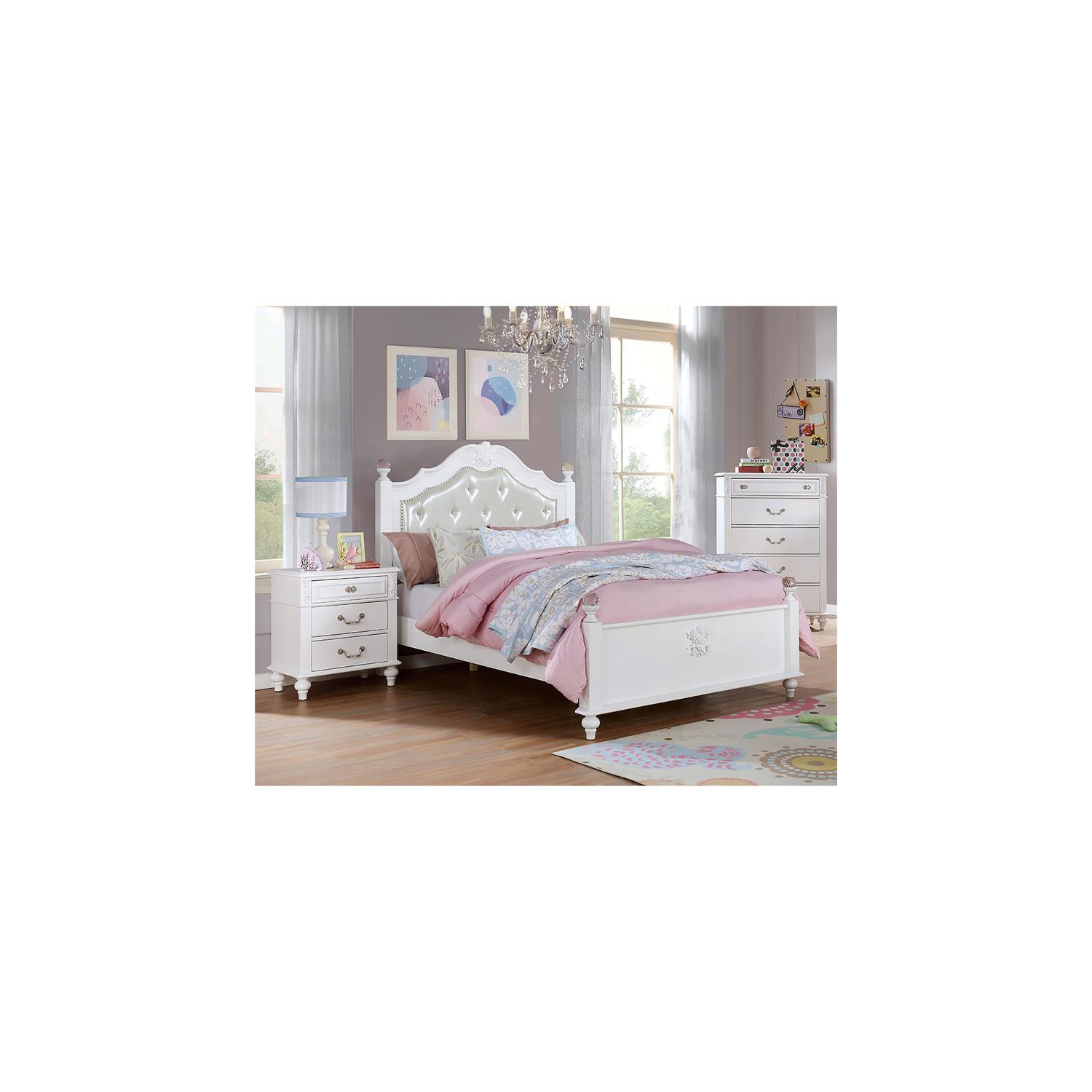 Table de chevet en bois traditionnelle pour enfants Mondu de Furniture of America avec port USB en blanc