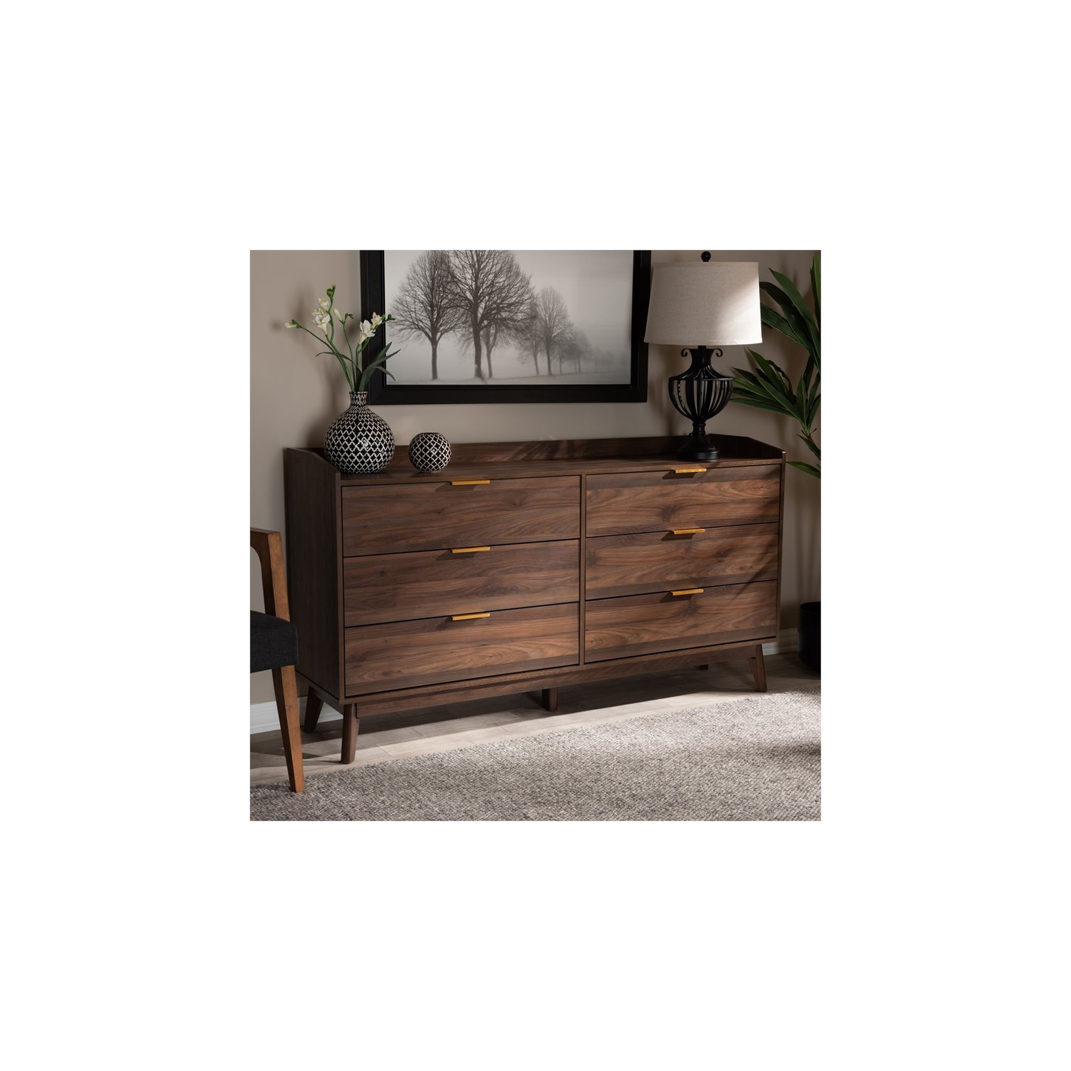 Baxton Studio Lena Mid-Century 6-Drawer Wood Dresser in Walnut and Brown