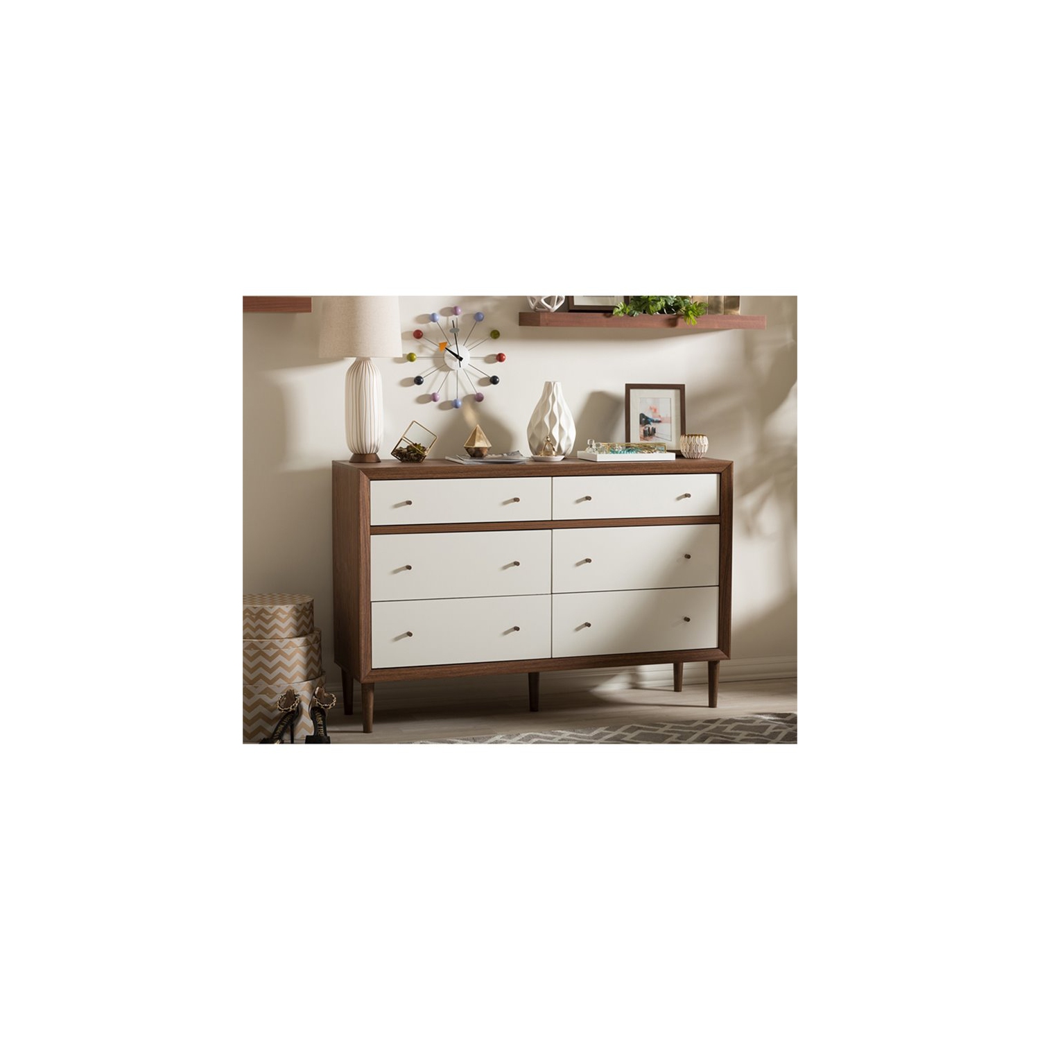 Baxton Studio Harlow 6 Drawer Double Dresser in White and Walnut
