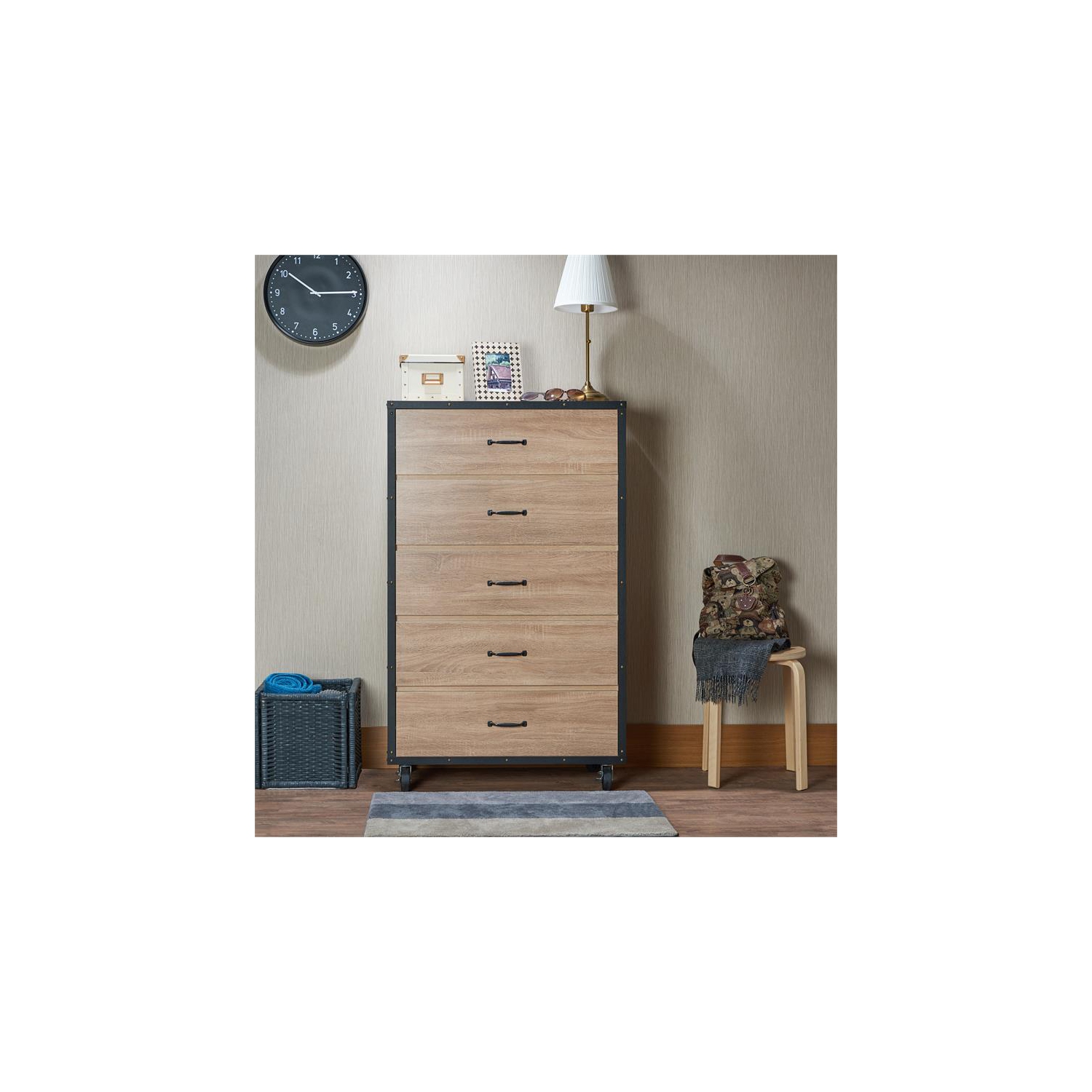 ACME Bemis – coffre en bois avec roulettes, fini chêne patiné léger