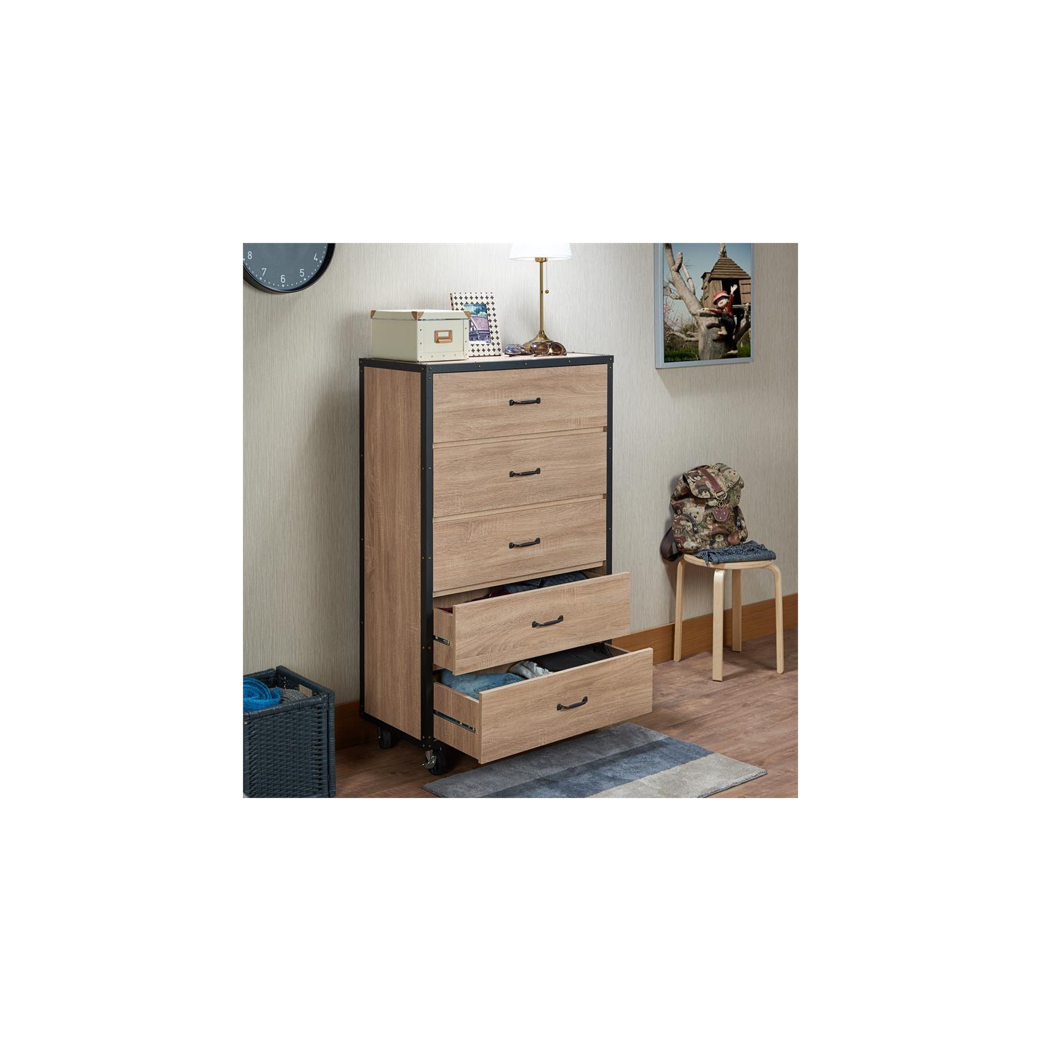 ACME Bemis – coffre en bois avec roulettes, fini chêne patiné léger