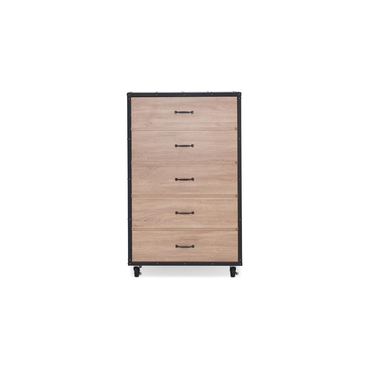 ACME Bemis – coffre en bois avec roulettes, fini chêne patiné léger