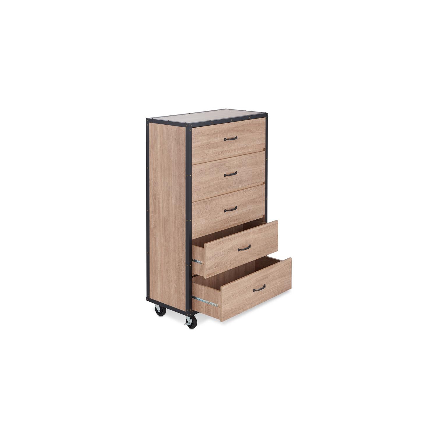 ACME Bemis – coffre en bois avec roulettes, fini chêne patiné léger