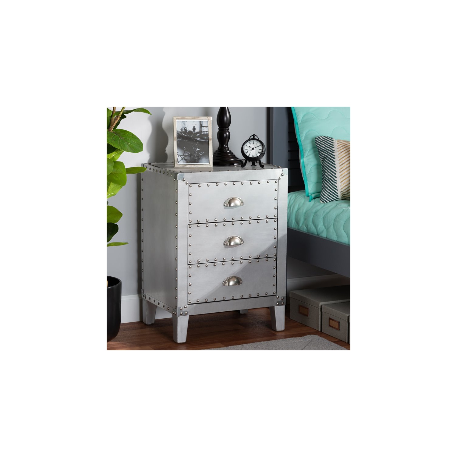Baxton Studio Claude French Industrial Silver Metal 3-Drawer End Table