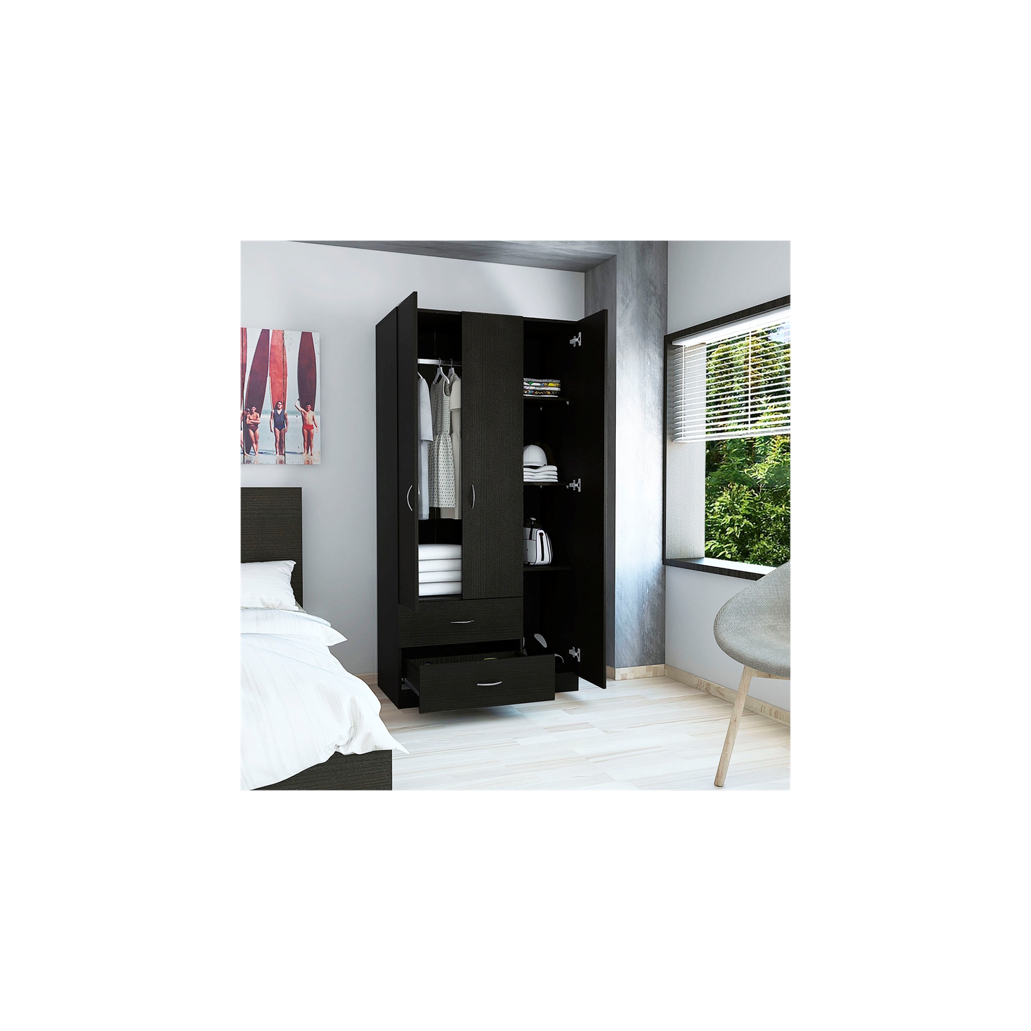 Armoire moderne à 3 portes en bois d'ingénierie Austral Black Hill de Bowery