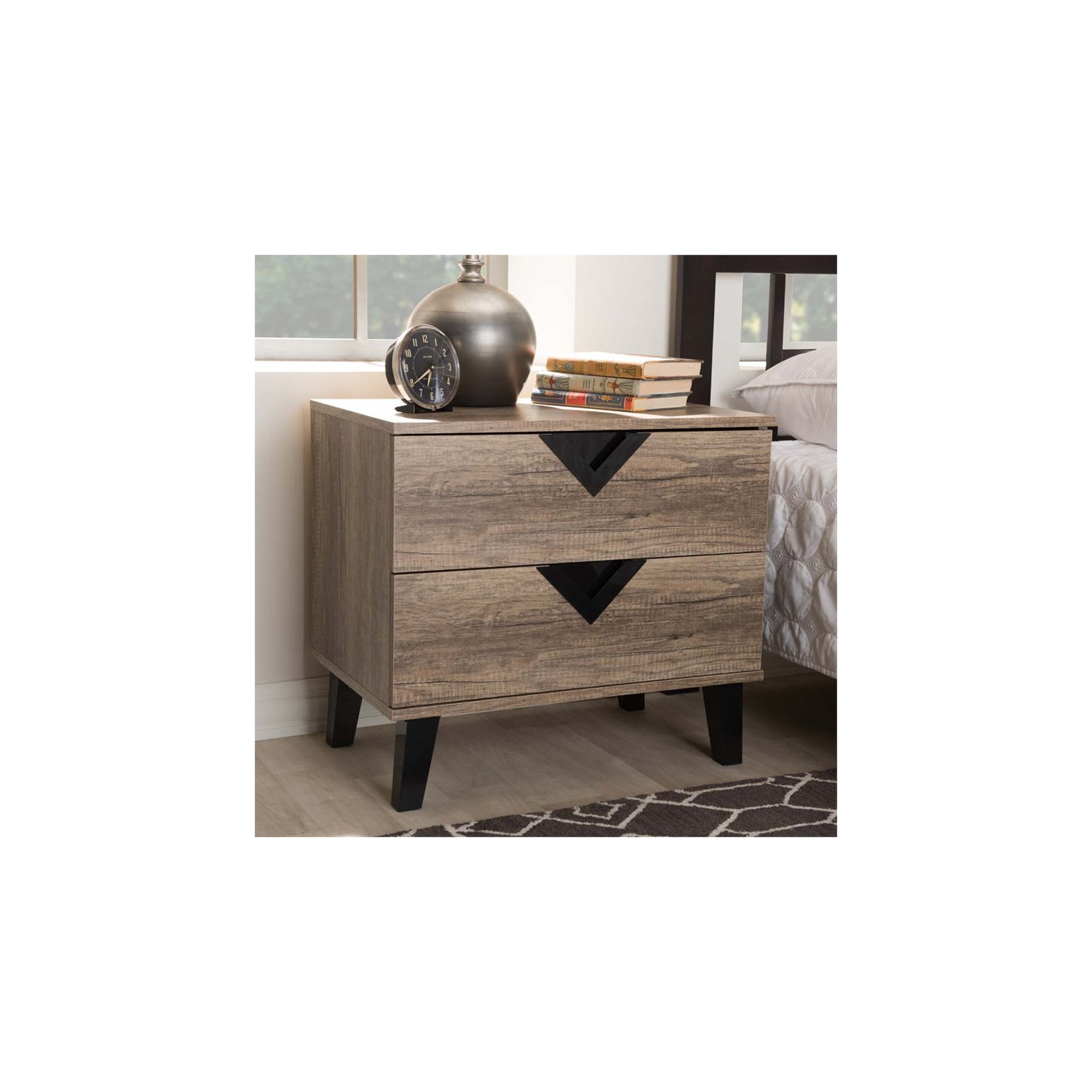 Baxton Studio Swanson Wood 2 Drawer Nightstand in Distressed Oak