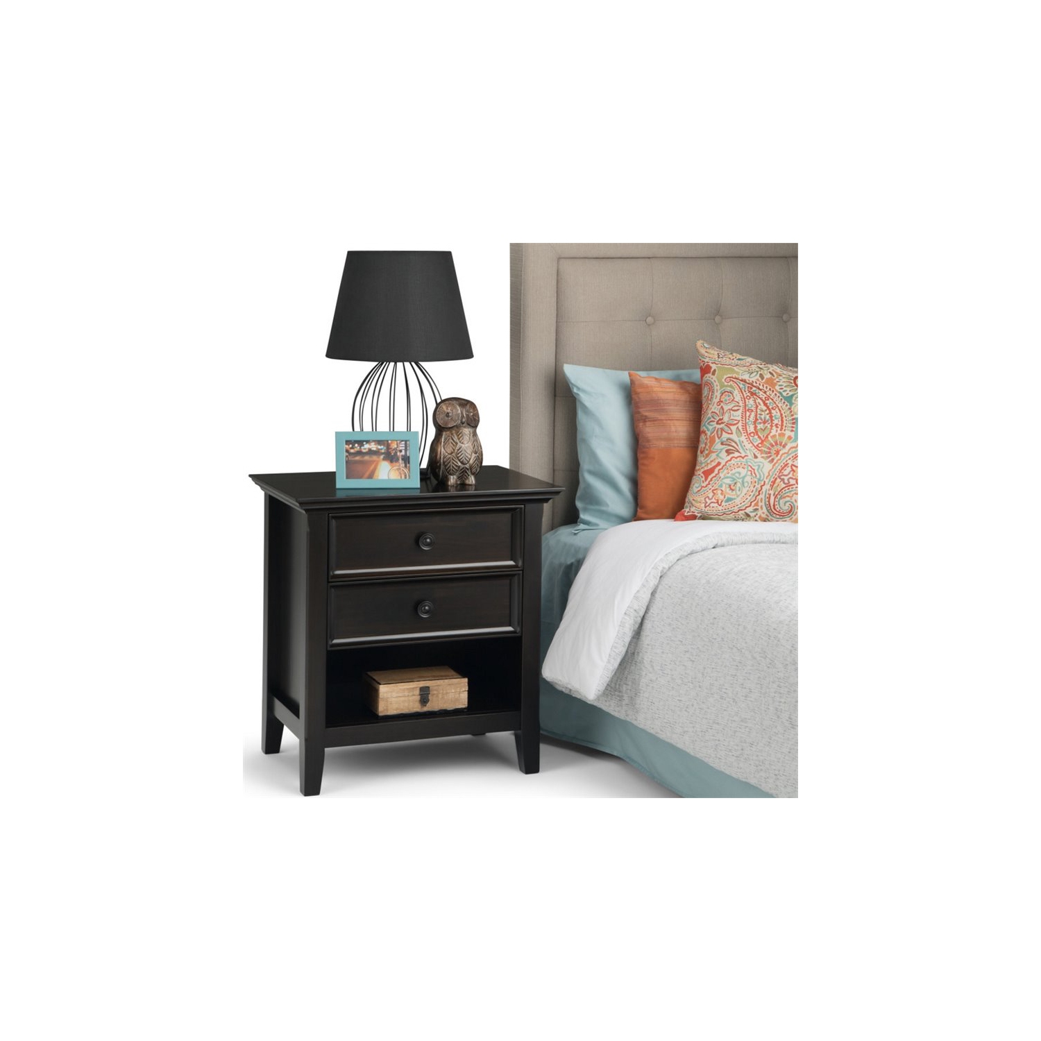 Simpli Home Amherst Wood 24" Transitional Bedside Nightstand Table in Hickory Brown