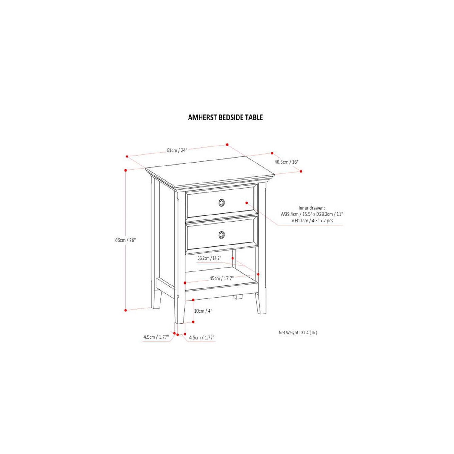Simpli Home Amherst Wood 24" Transitional Bedside Nightstand Table in Hickory Brown