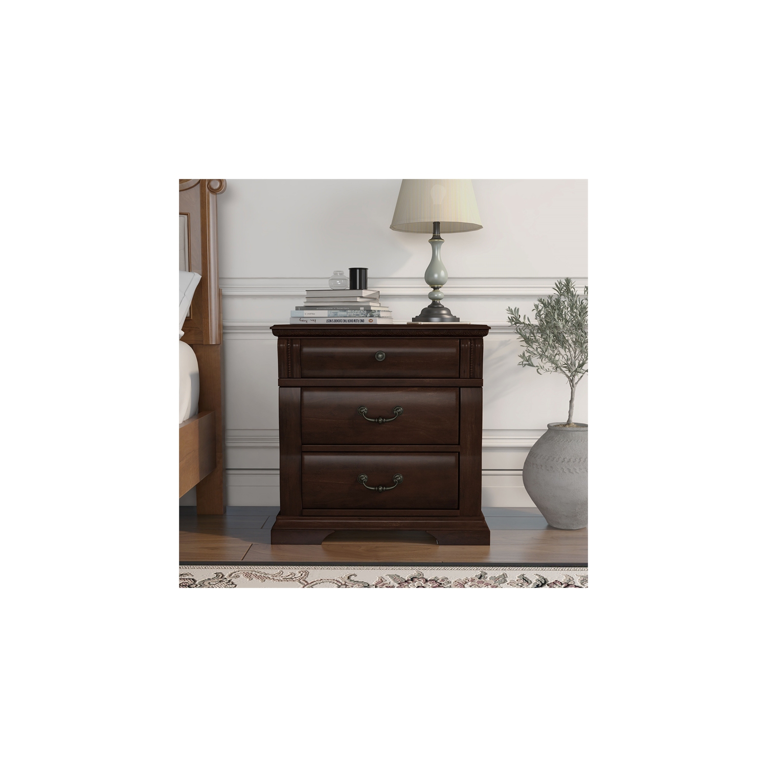 Furniture of America Oulette Transitional Wood 3-Drawer Nightstand in Cherry