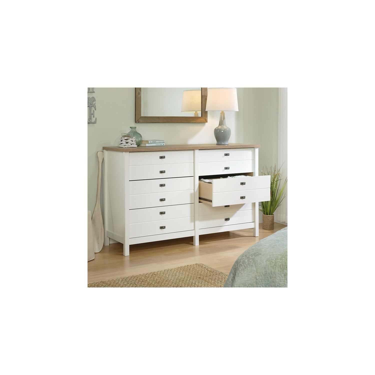 Sauder Cottage Road 6 Drawer Double Dresser in Soft White