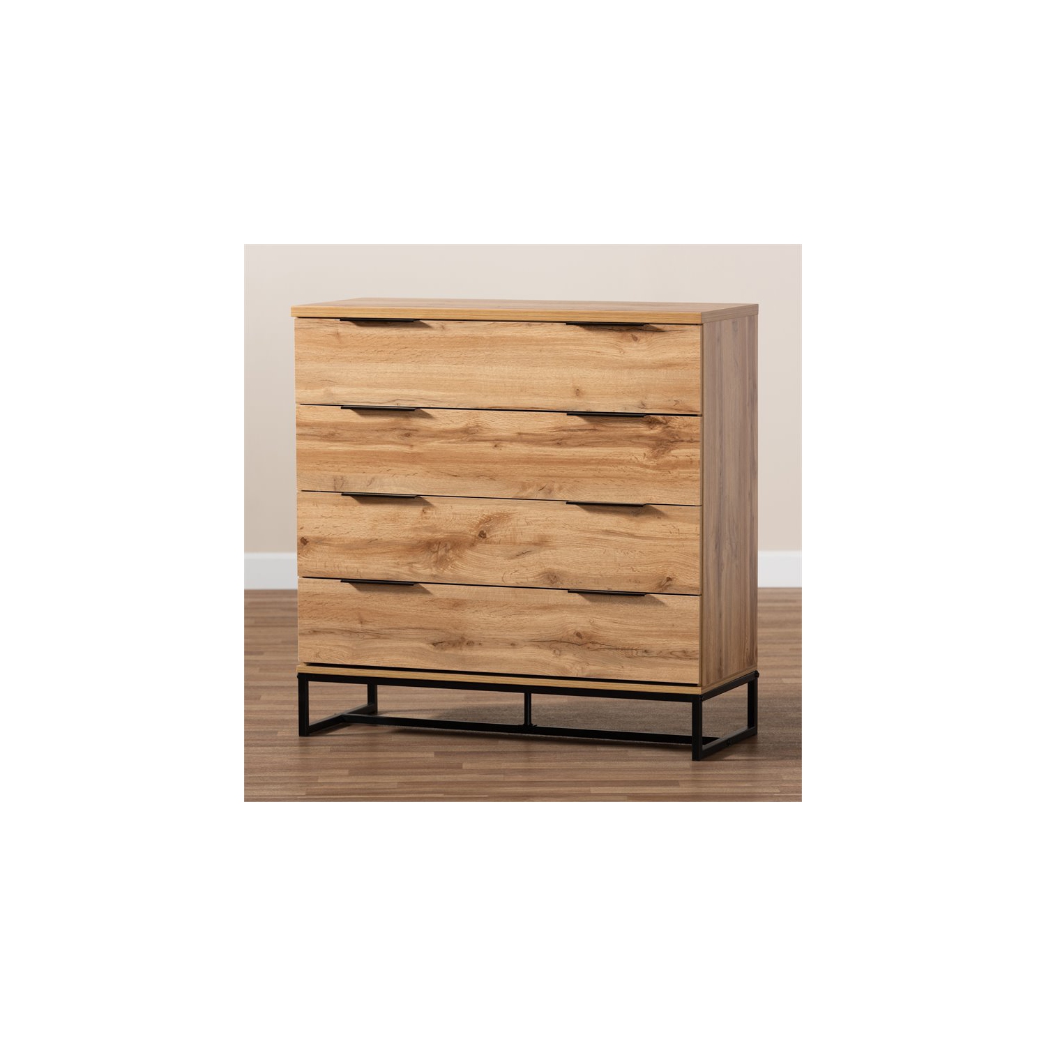 Baxton Studio Reid Industrial Oak Finished Wood Black Metal 4-Drawer Dresser