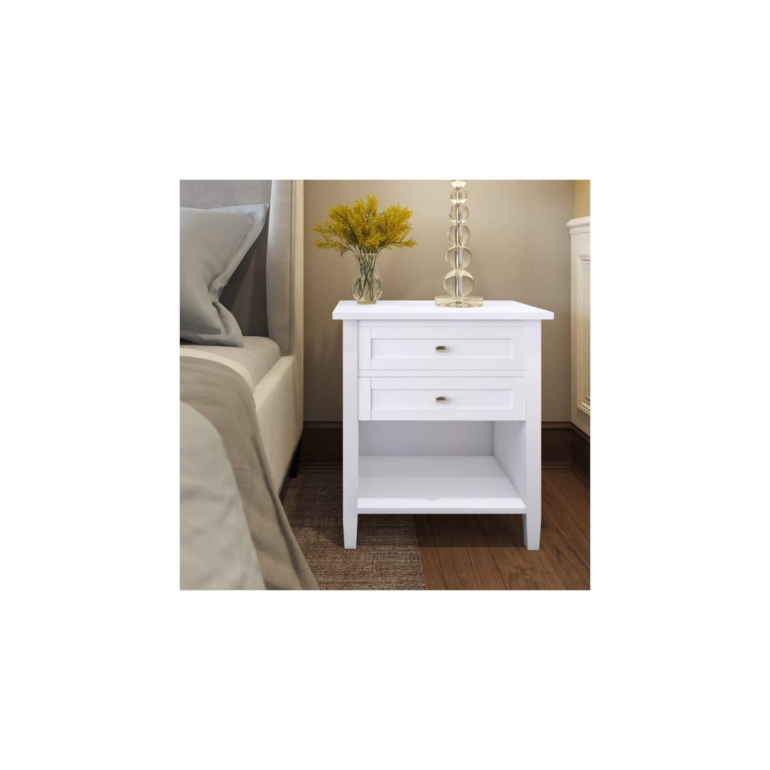 Simpli Home Warm Shaker Wood 24" Transitional Bedside Nightstand Table in White