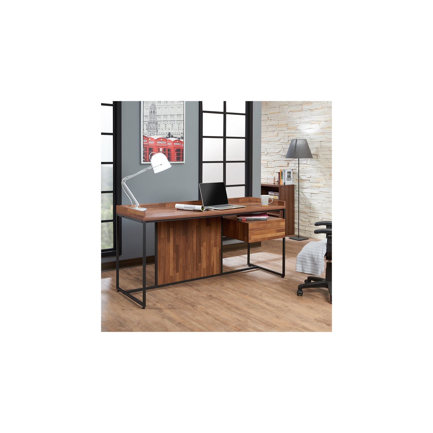 Sara 2 Piece Home Office Desk and Leather Rustic Swivel Office Chair Set