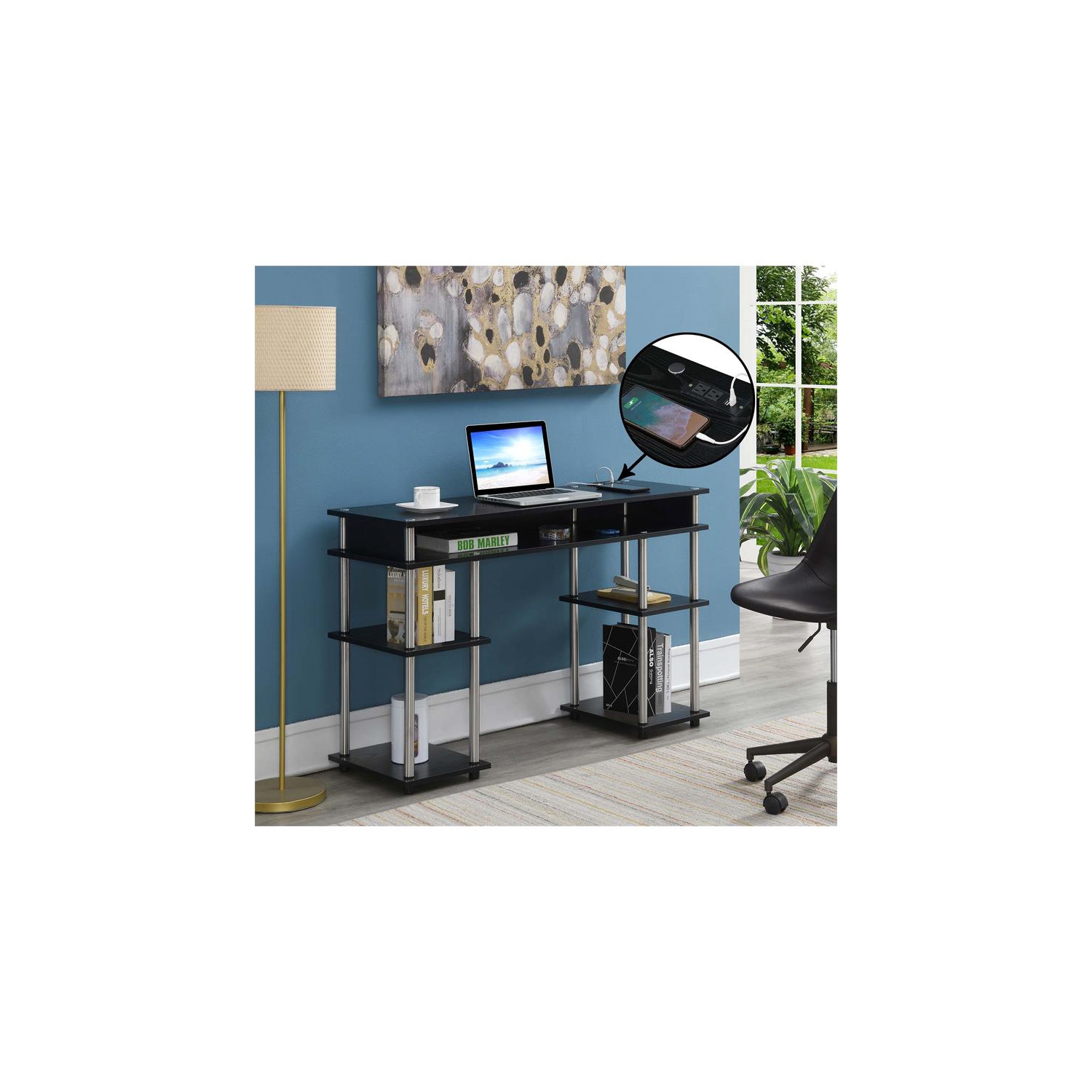 Designs2Go No Tools Student Desk with Charging Station in Black Wood Finish