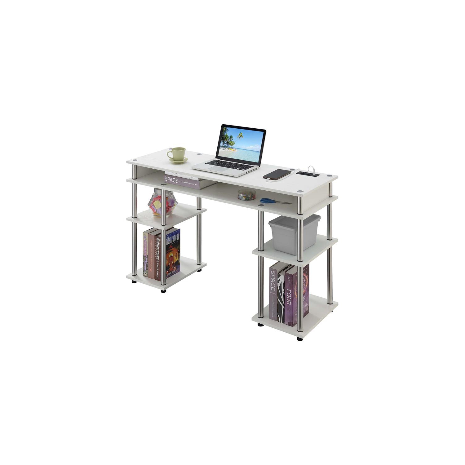 Designs2Go – Bureau d’étudiant sans outils avec station de chargement, fini bois blanc