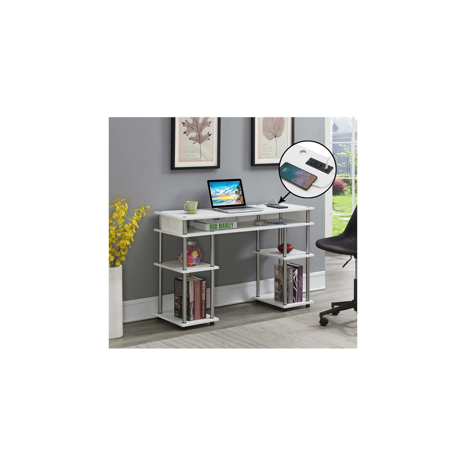 Designs2Go – Bureau d’étudiant sans outils avec station de chargement, fini bois blanc