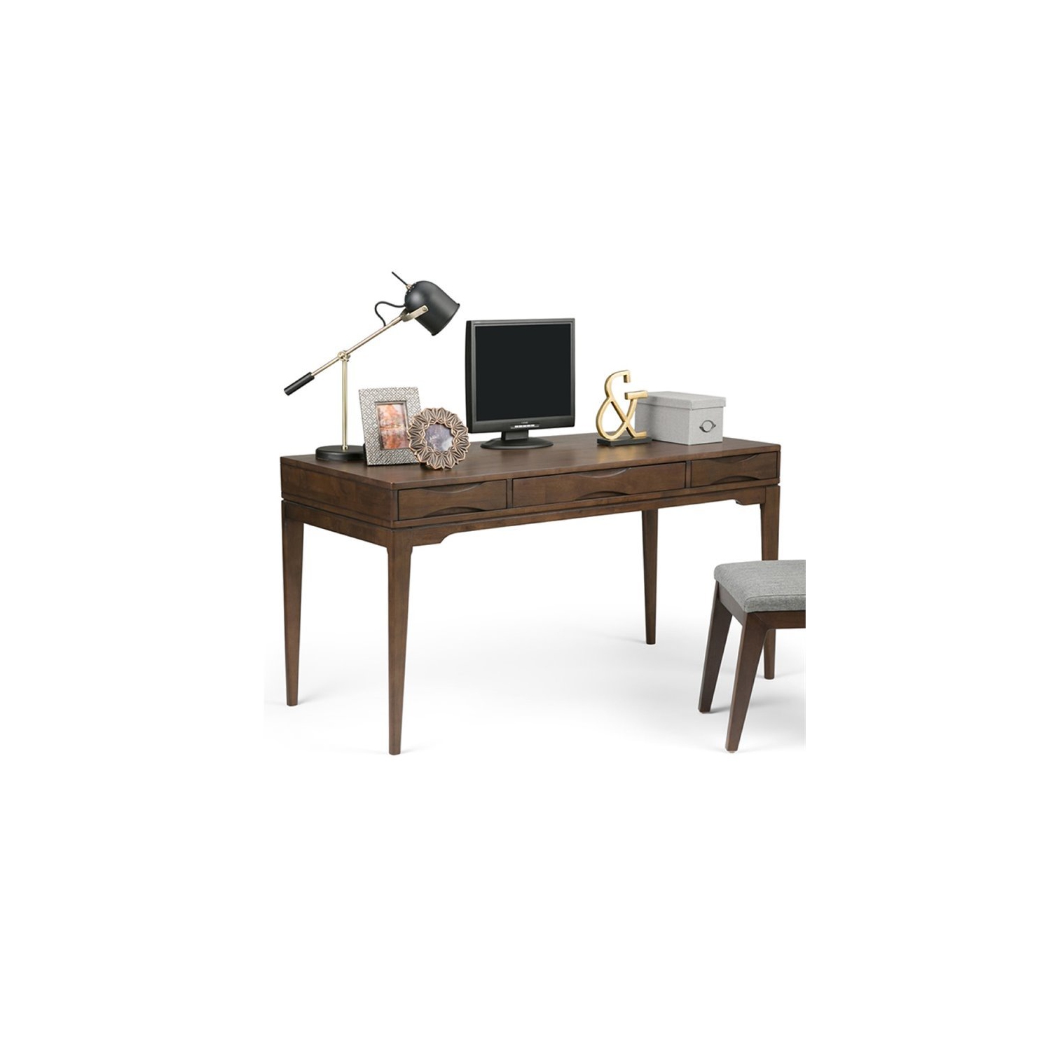 Bureau de style moderne mi-siècle en BOIS massif Harper avec surface de travail de 60 po de largeur, brun noyer