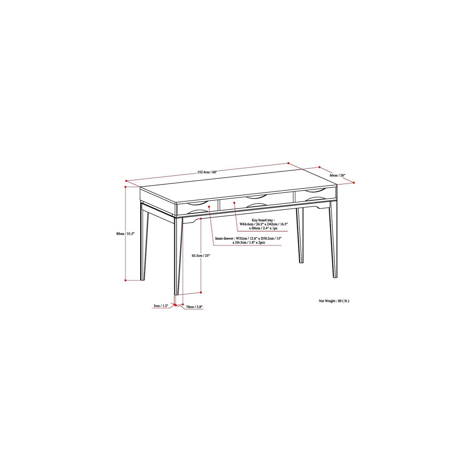 Bureau de style moderne mi-siècle en BOIS massif Harper avec surface de travail de 60 po de largeur, brun noyer