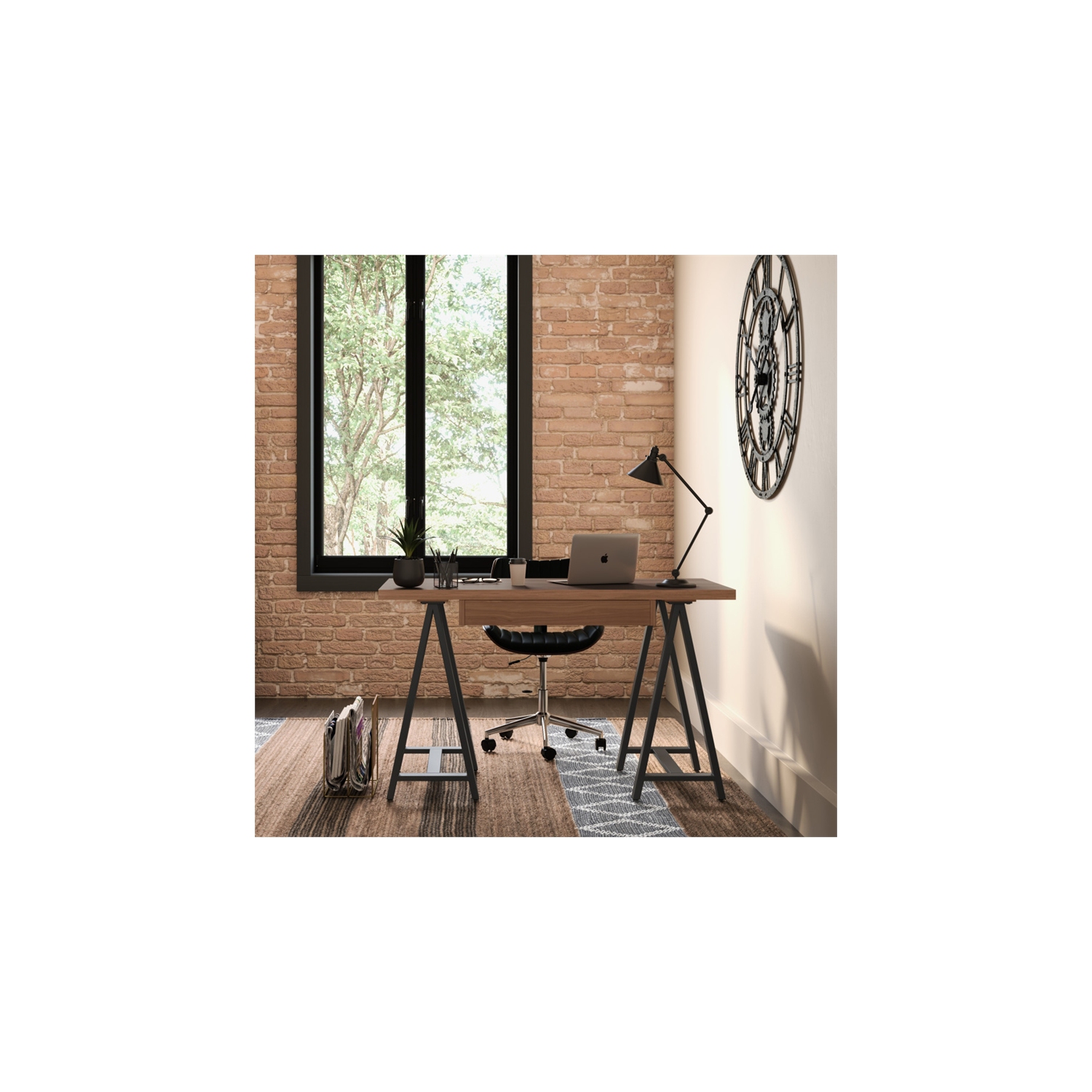 Sawhorse Industrial 50 inch Wide Solid Walnut Veneer and Metal Small Desk