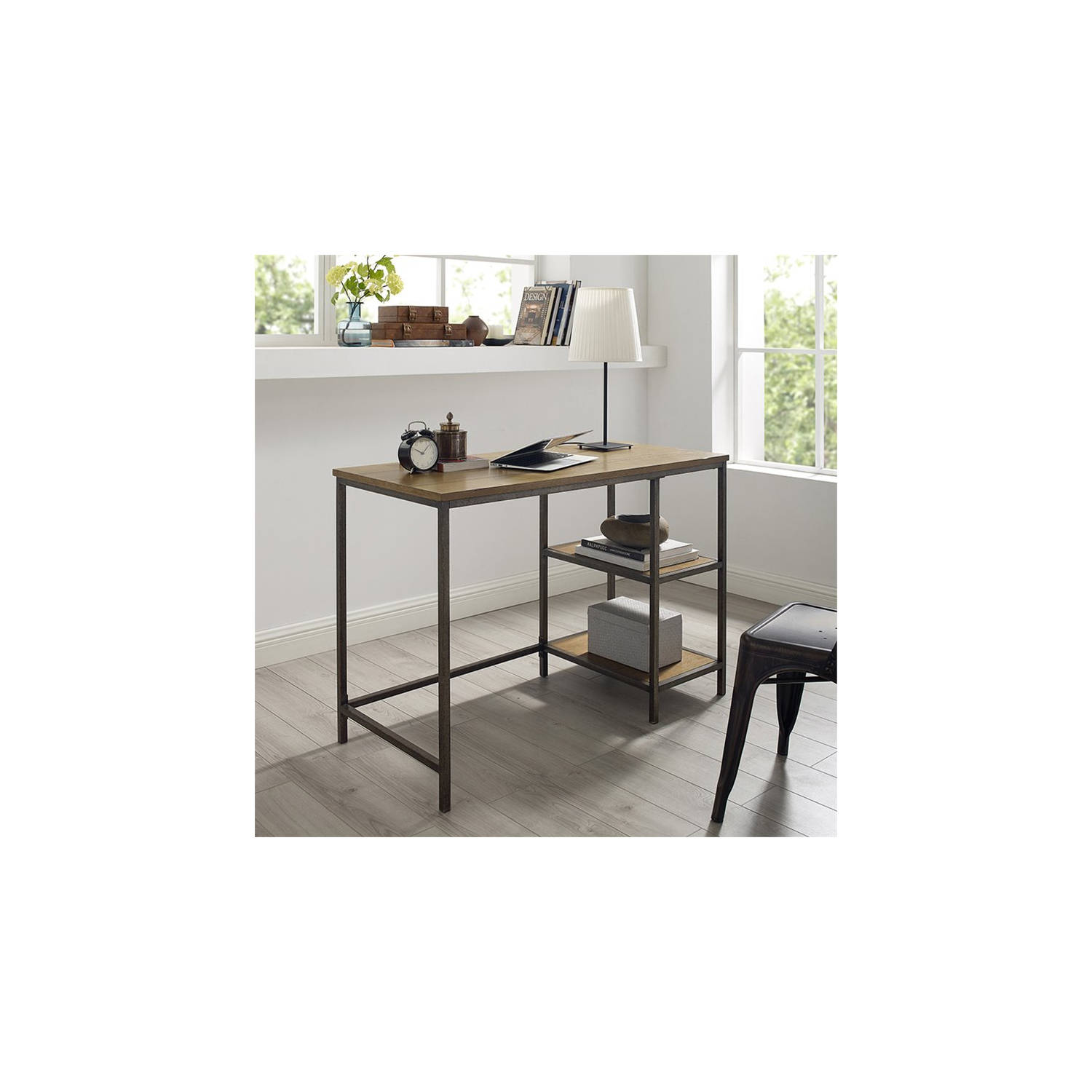 Crosley Brooke Industrial Writing Desk in Washed Oak and Antique Bronze