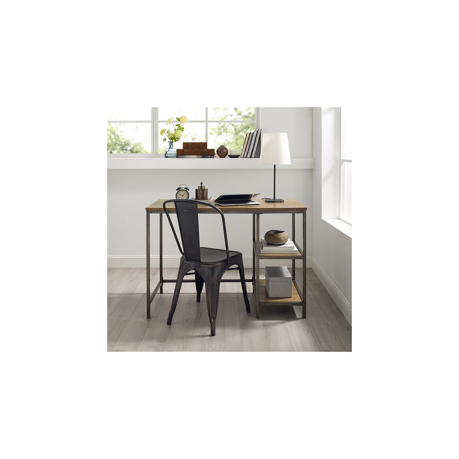 Crosley Brooke Industrial Writing Desk in Washed Oak and Antique Bronze