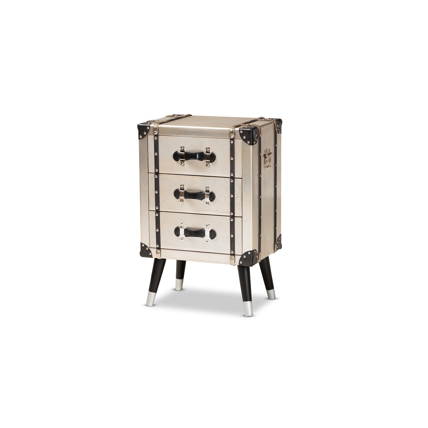 Baxton Studio Dilan Antique Silver Metal Trunk Inspired 3-Drawer End Table