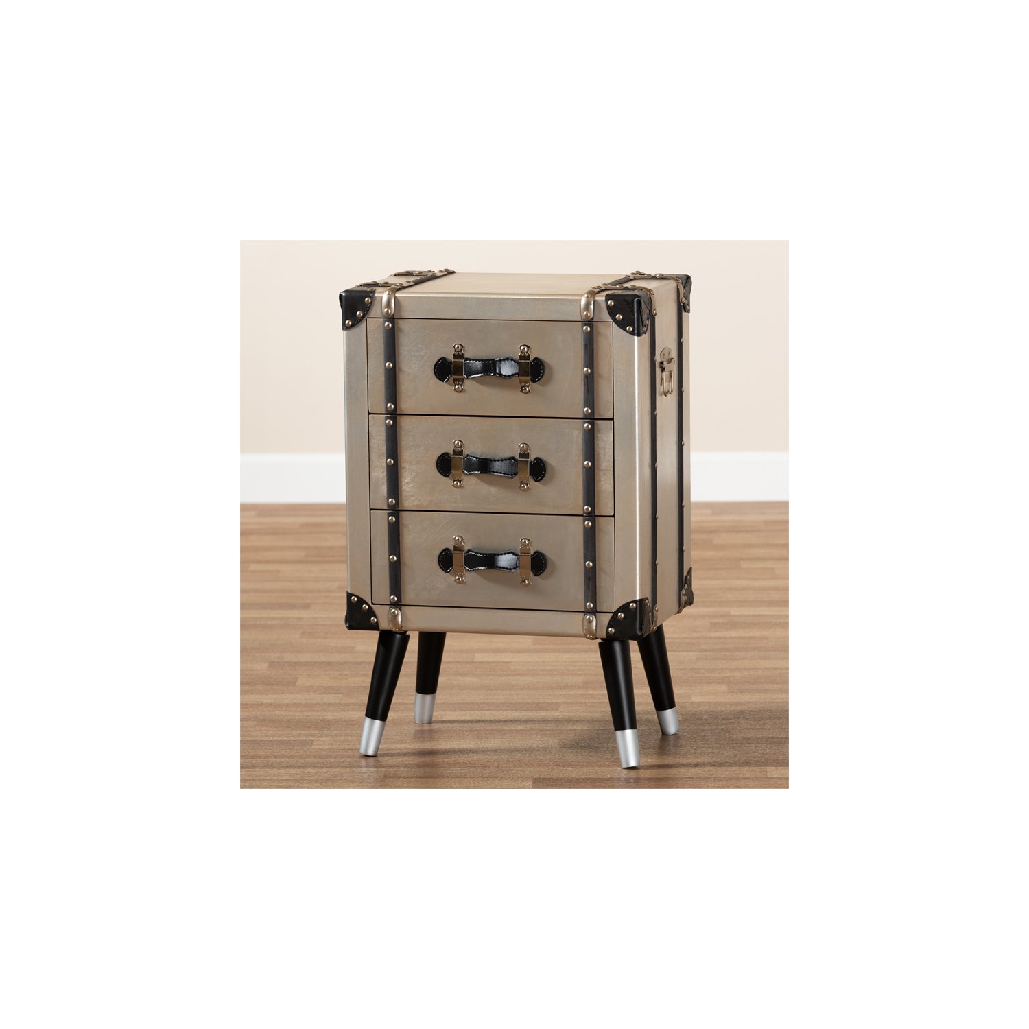 Baxton Studio Dilan Antique Silver Metal Trunk Inspired 3-Drawer End Table