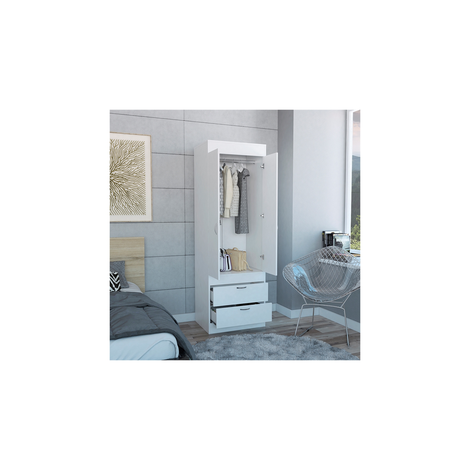 Armoire contemporaine à 2 tiroirs et 2 portes en bois Bowery Hill, blanc