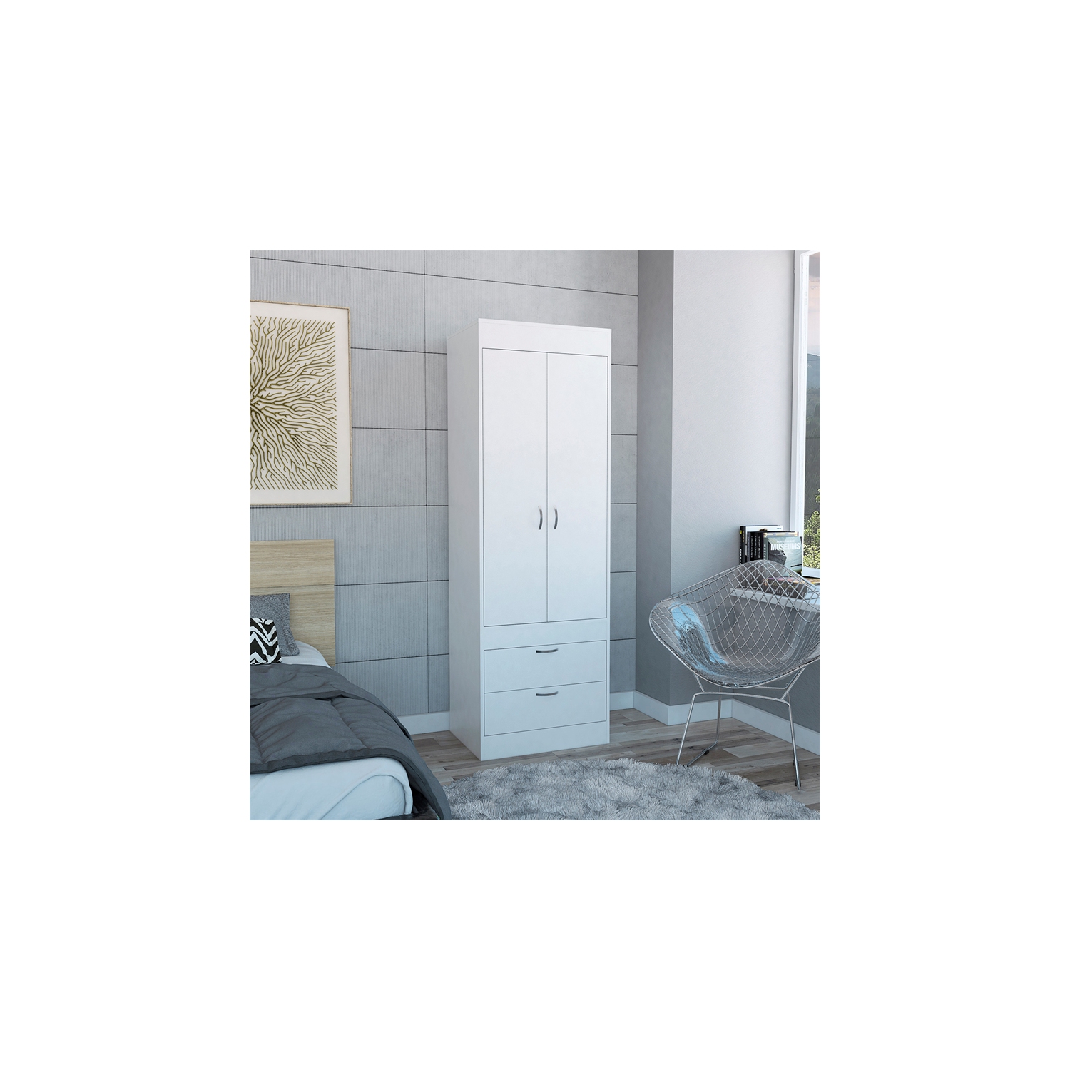 Armoire contemporaine à 2 tiroirs et 2 portes en bois Bowery Hill, blanc