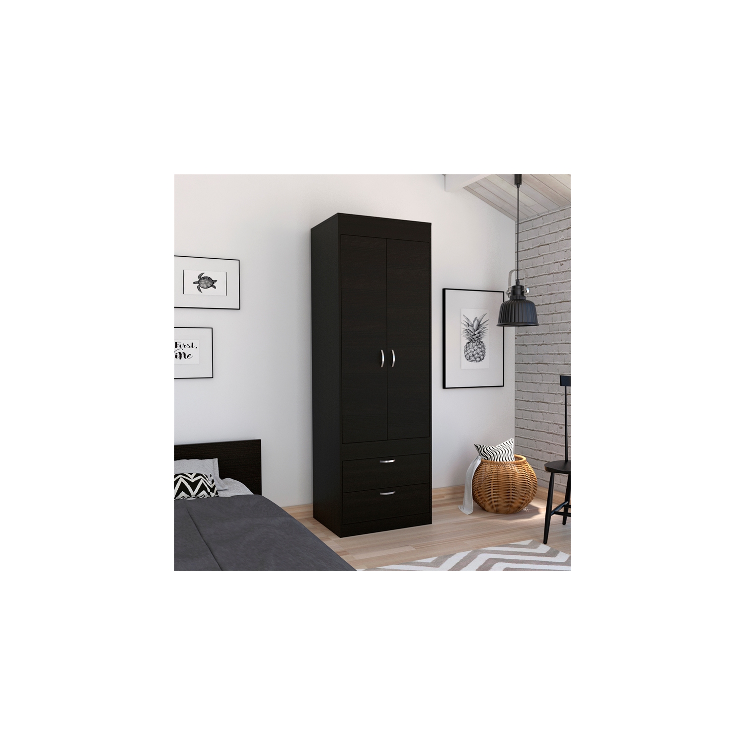 Armoire contemporaine en bois d’ingénierie Lisboa à 2 tiroirs et 2 portes de Bowery Hill, noir