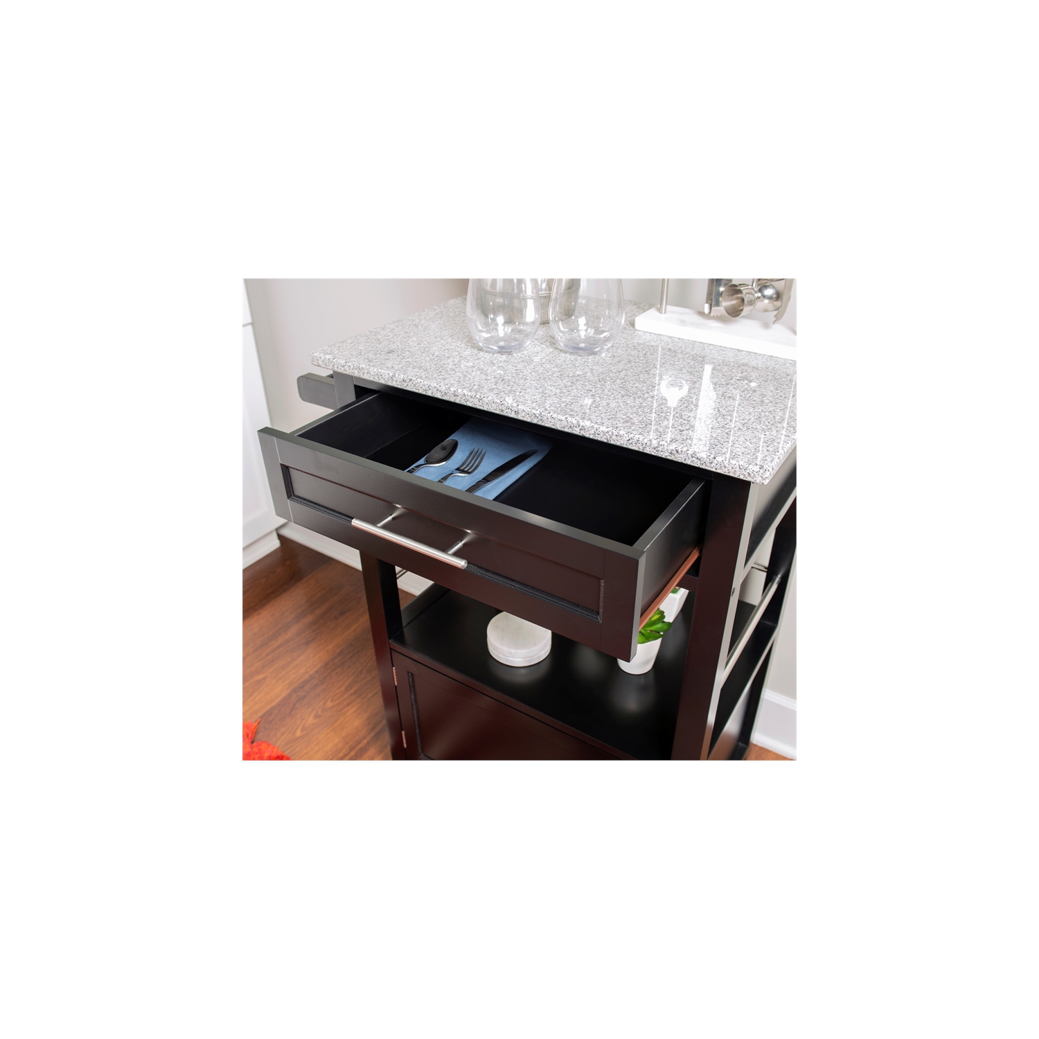Chariot de cuisine en bois de granite Linon Mitchell, noir