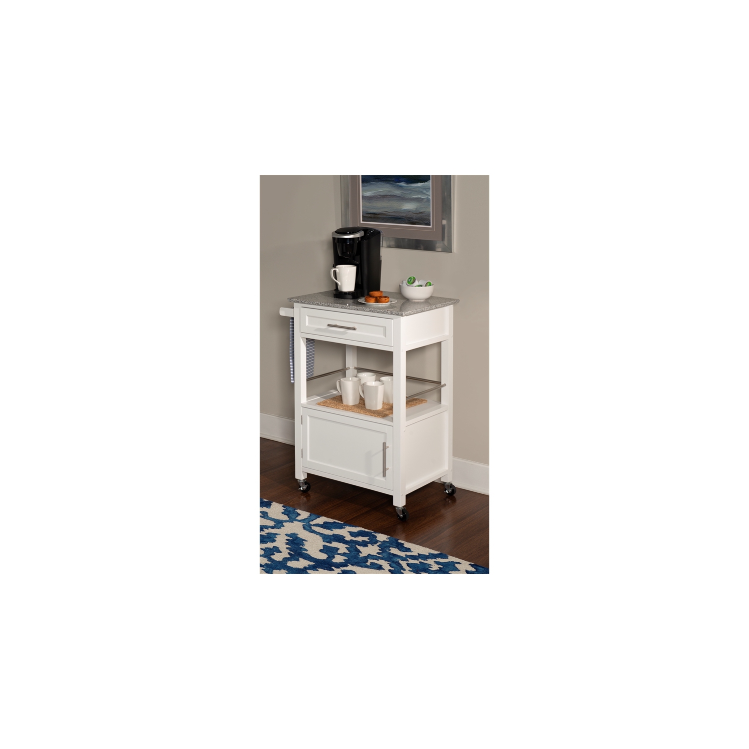 Linon Mitchell Wood Granite Top Kitchen Cart in White