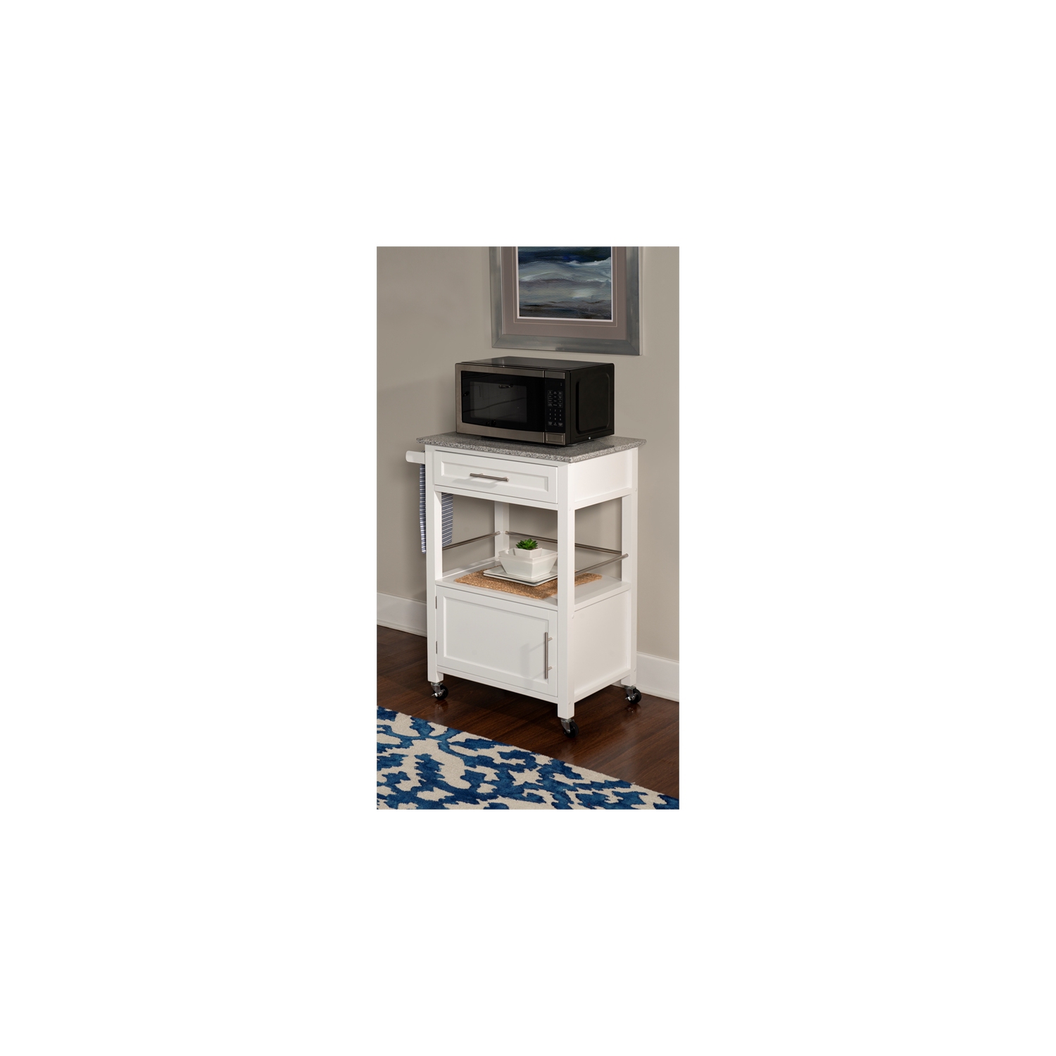 Linon Mitchell Wood Granite Top Kitchen Cart in White