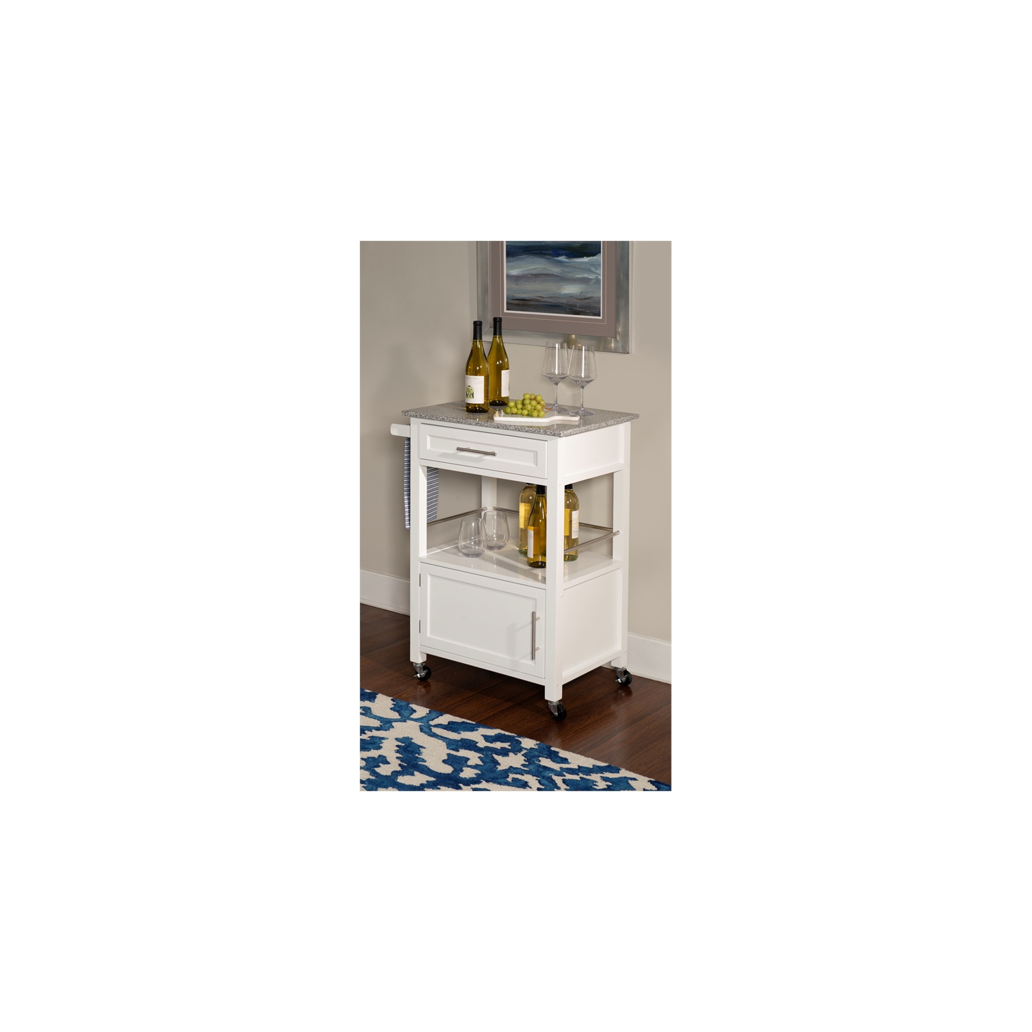 Linon Mitchell Wood Granite Top Kitchen Cart in White