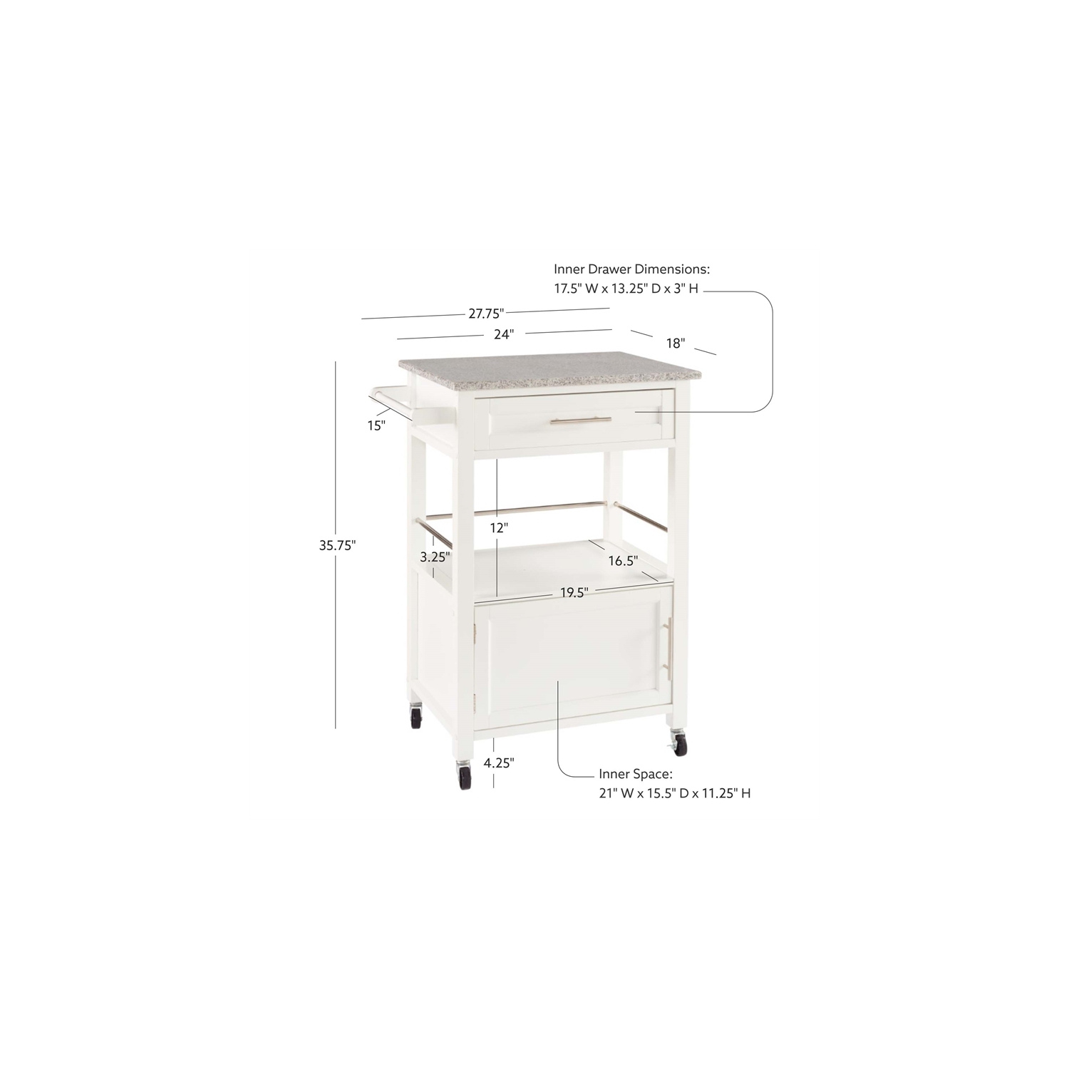 Linon Mitchell Wood Granite Top Kitchen Cart in White