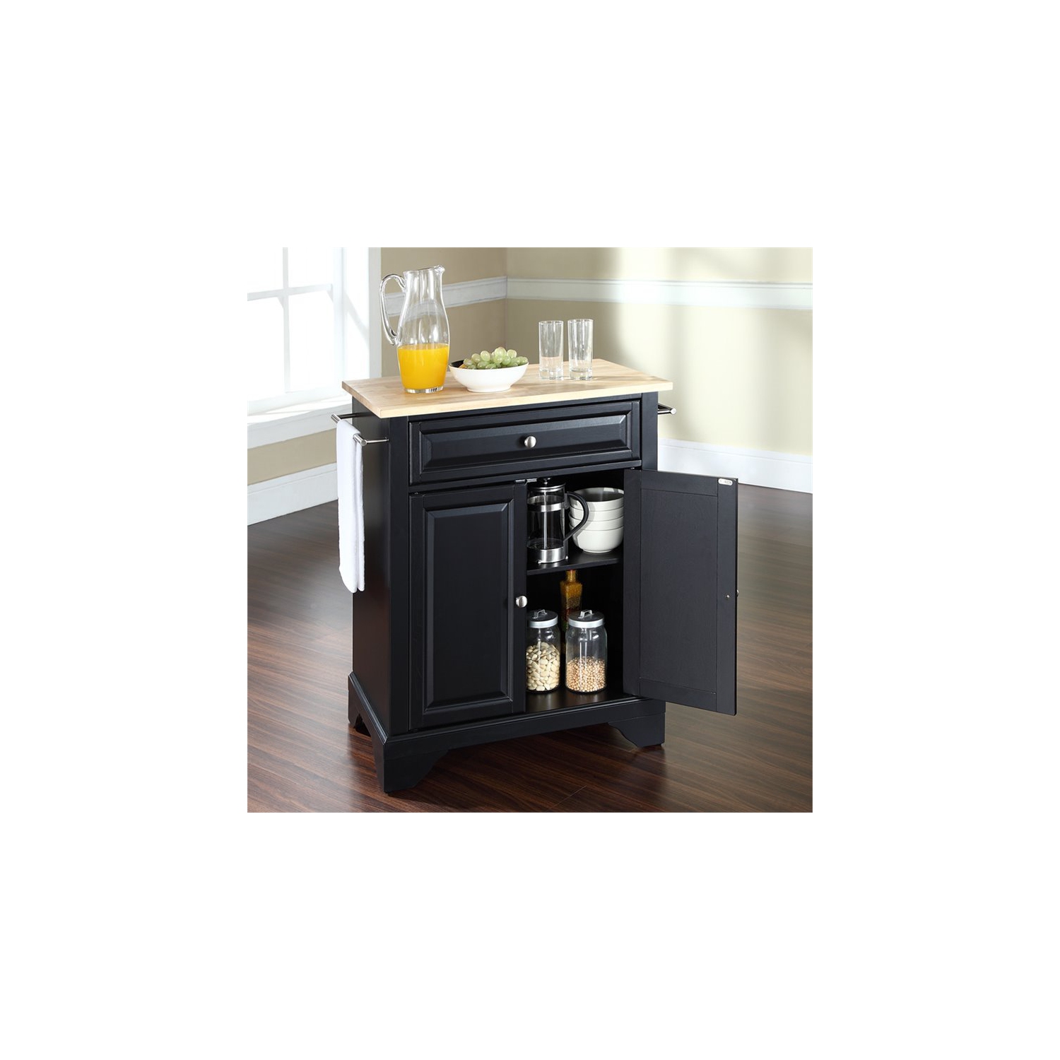 Bowery Hill Natural Wood Top Kitchen Island in Black