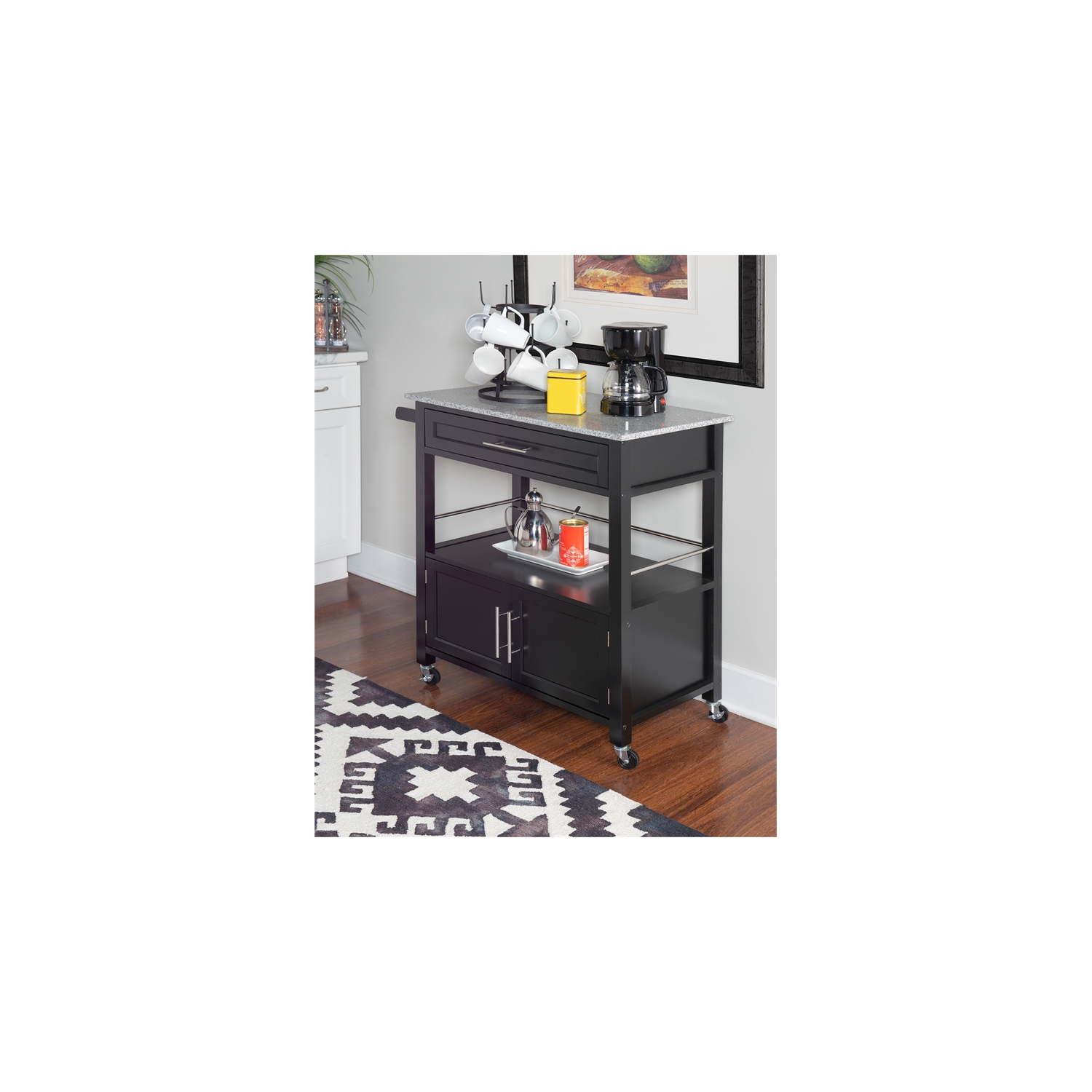 Linon Cameron Wood Granite Top Kitchen Cart in Black