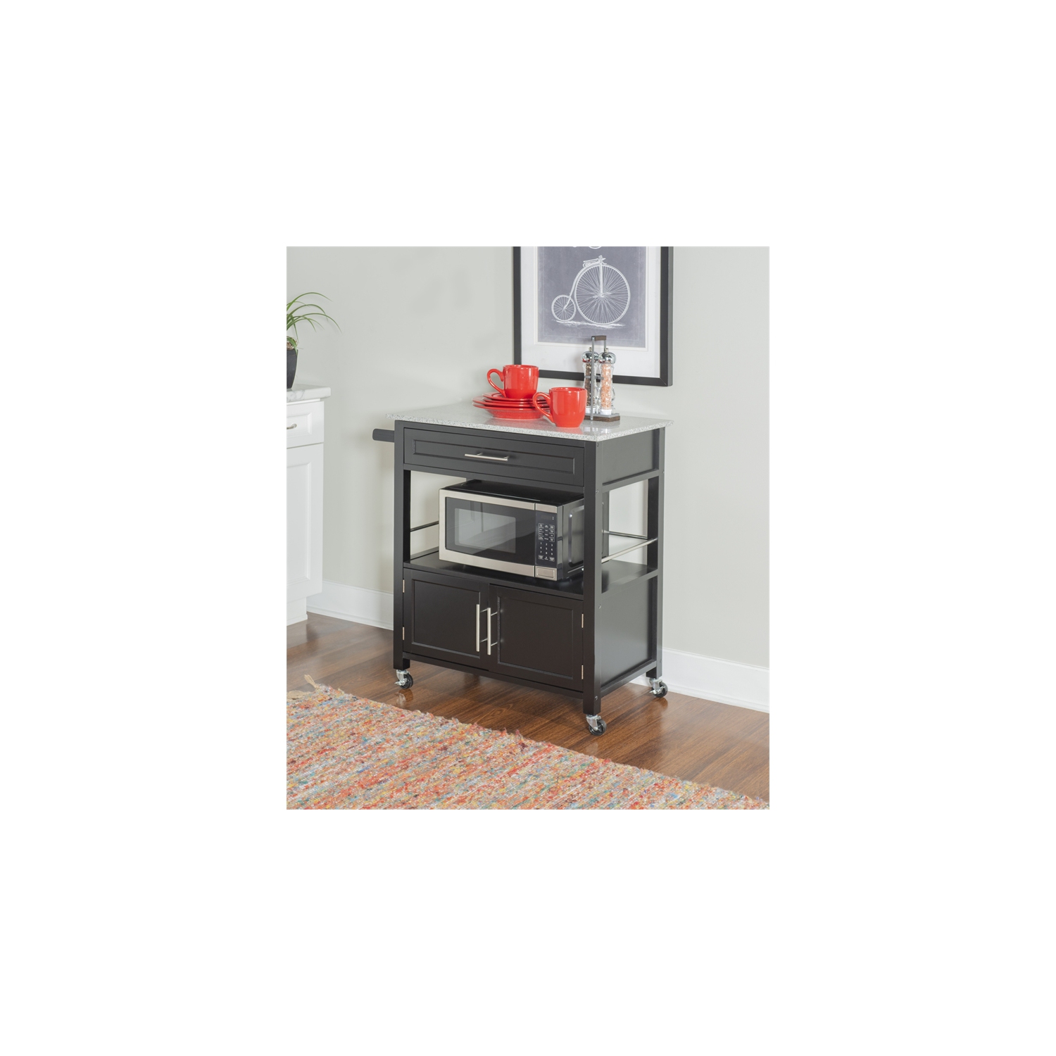 Linon Cameron Wood Granite Top Kitchen Cart in Black