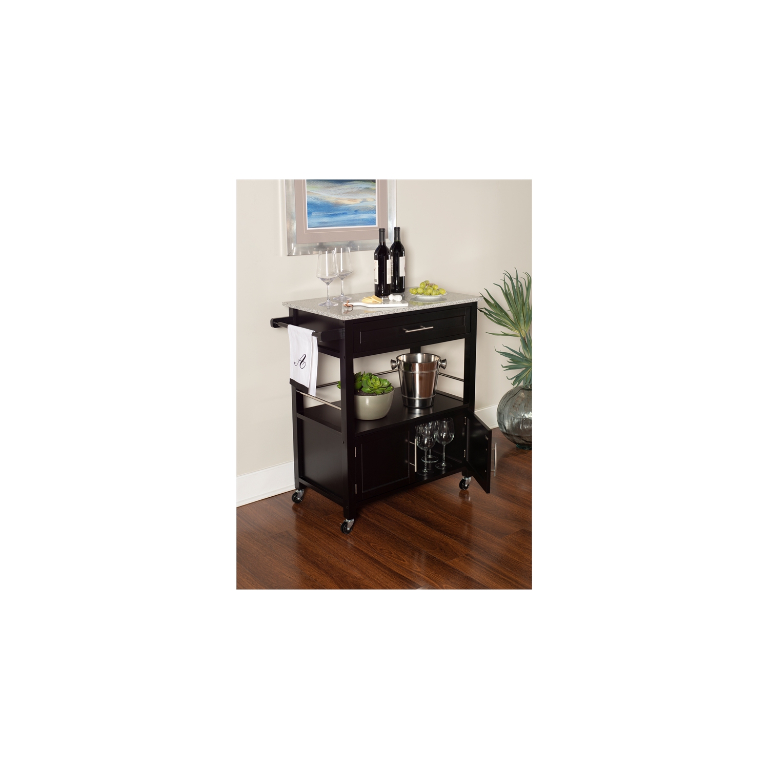 Linon Cameron Wood Granite Top Kitchen Cart in Black