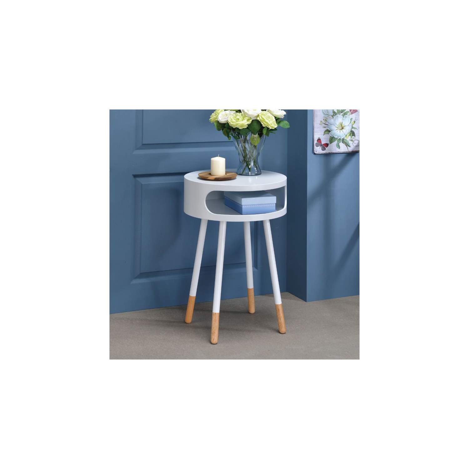 ACME Sonria Round End Table in White and Natural