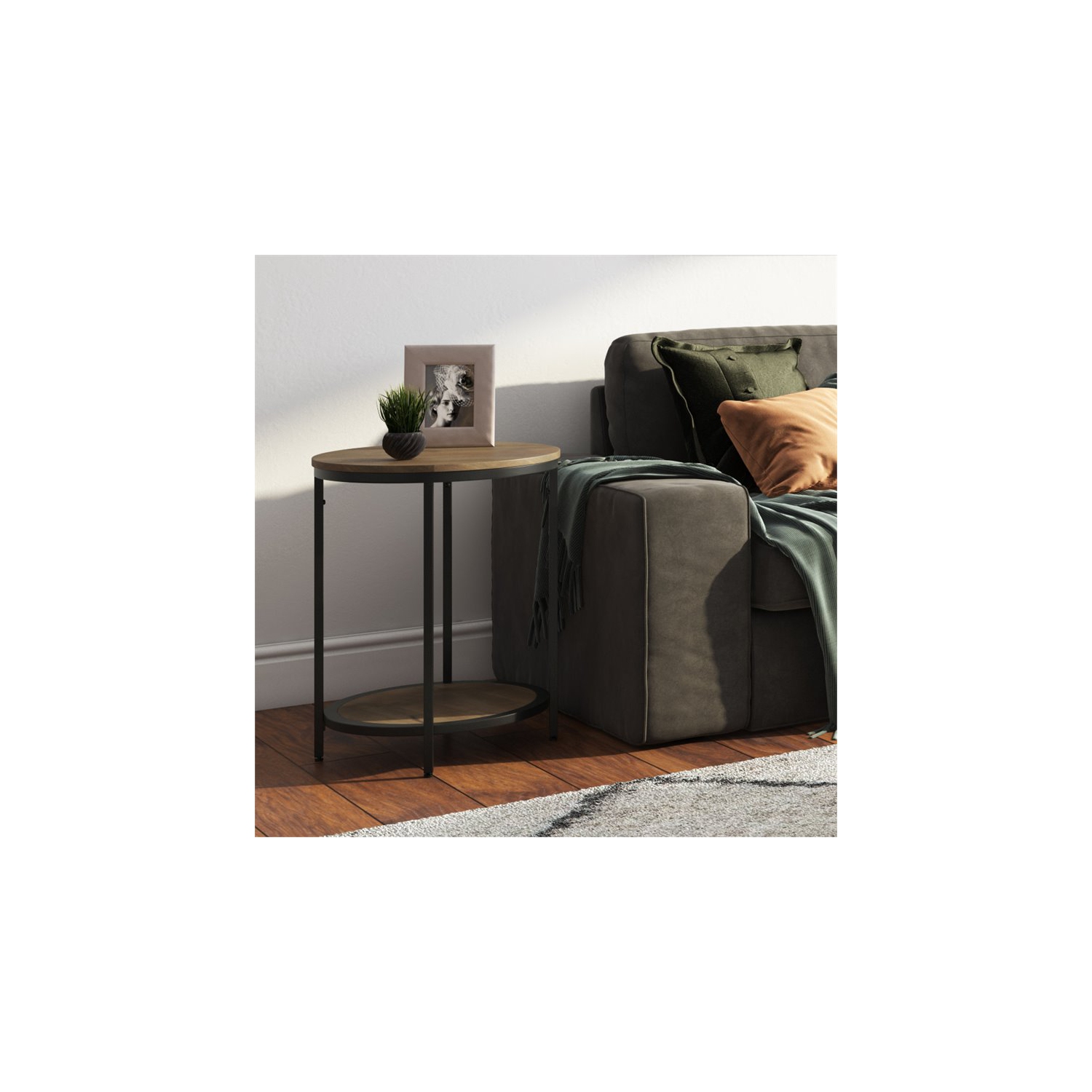 Simpli Home Jenna Industrial 18 " Metal Round Accent Side Table in Warm Gray