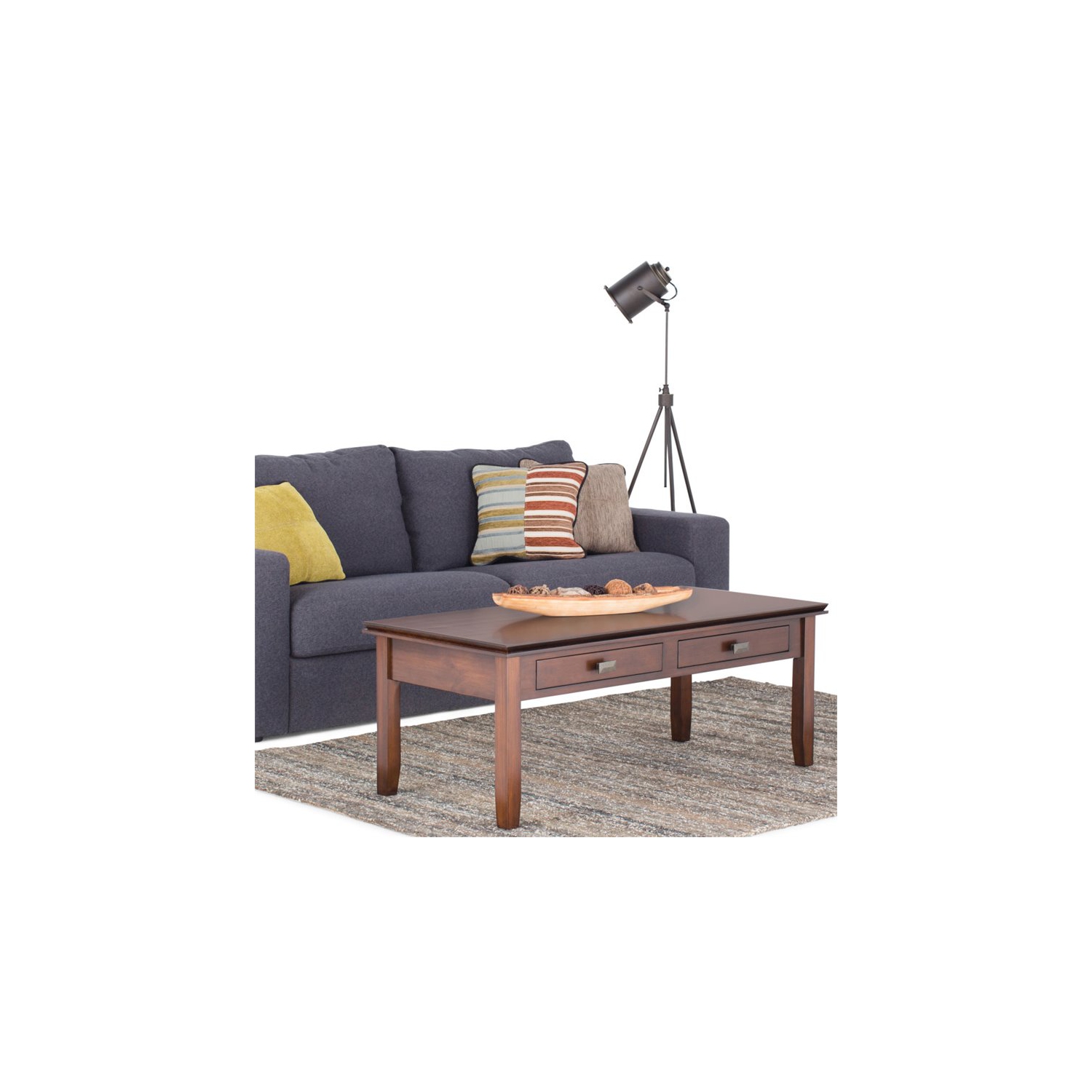 Simpli Home Artisan Wood 46" Rectangle Transitional Coffee Table in Russet Brown