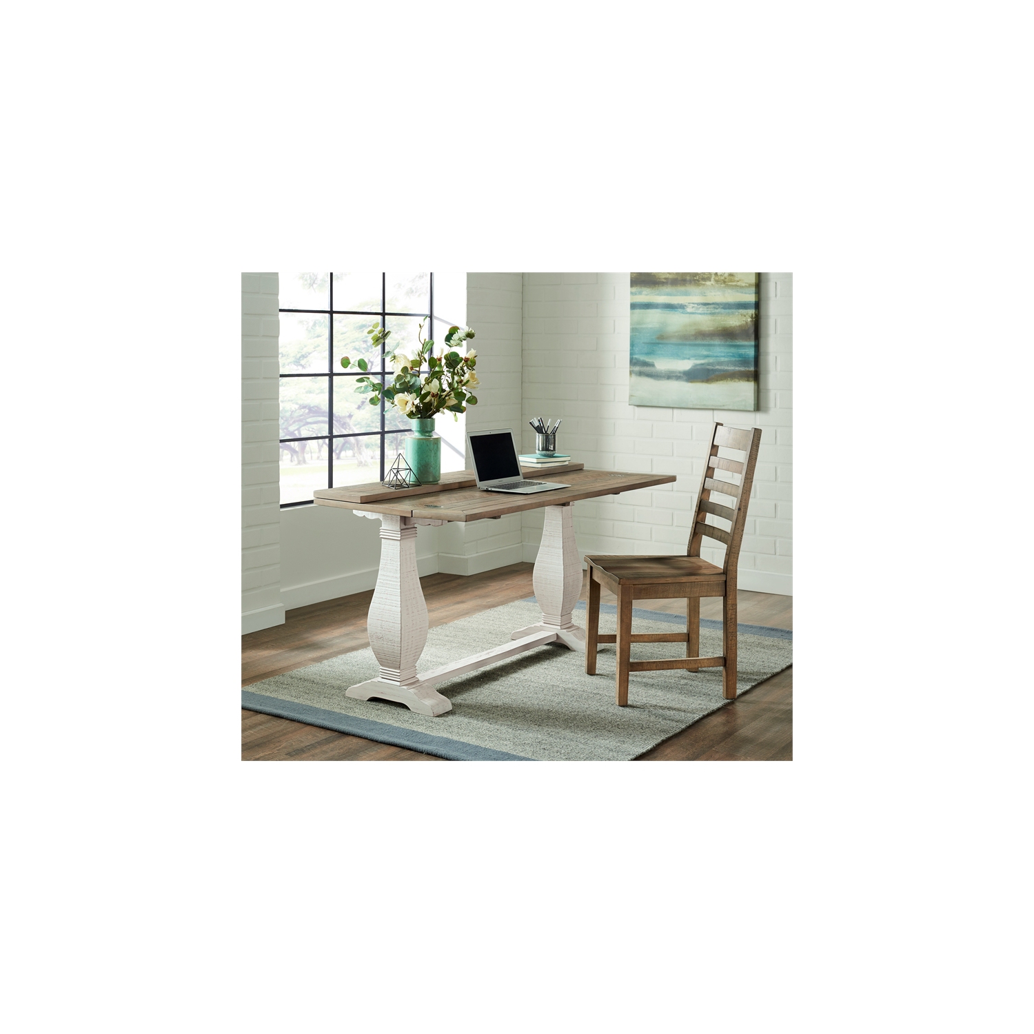 Bowery Hill Farmhouse Solid Wood Flip Top Sofa Table White Stain and Natural
