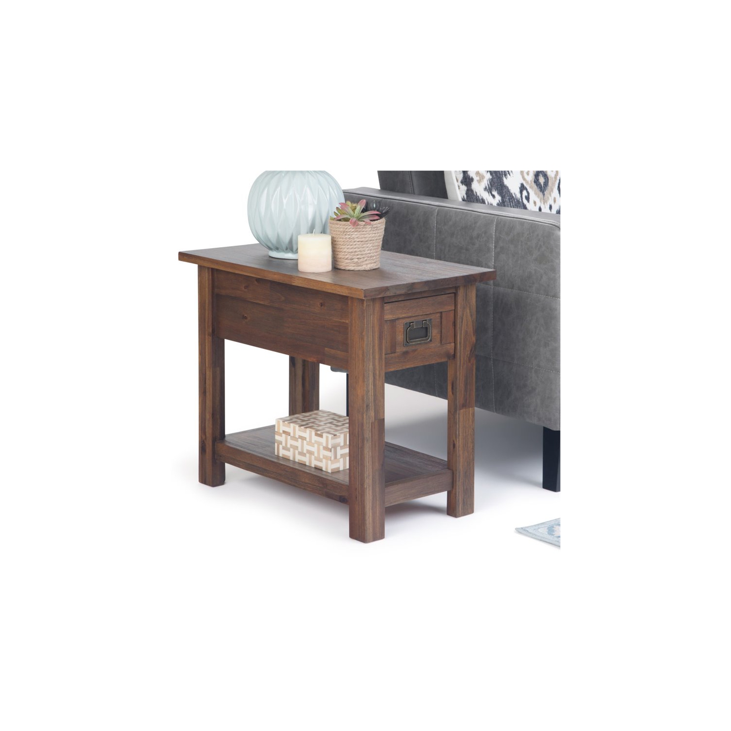 Simpli Home Monroe SOLID ACACIA WOOD 14 " Rectangle Rustic Narrow Side Table in Distressed Charcoal Brown