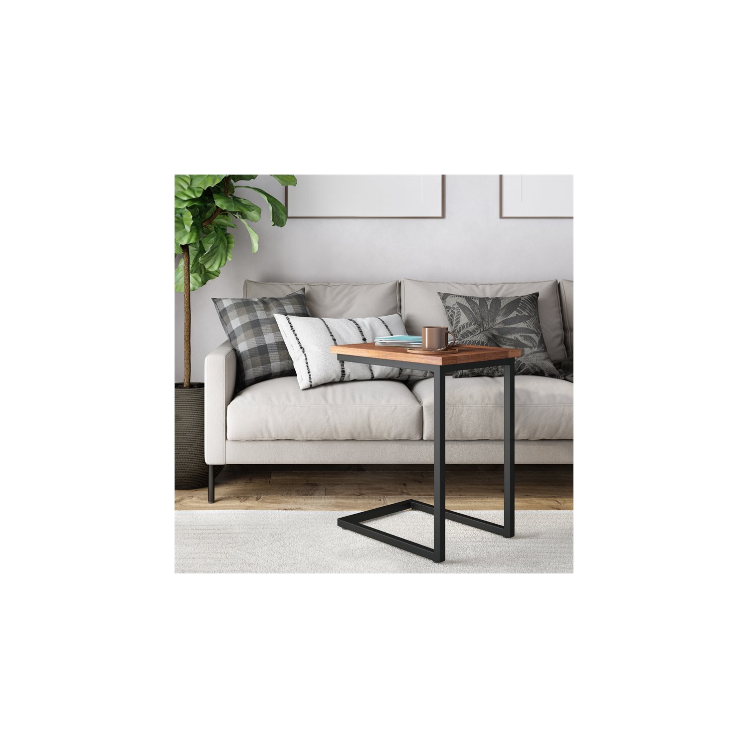 Simpli Home Skyler 20" Metal C Side Table with Wood Top in Dark Cognac Brown