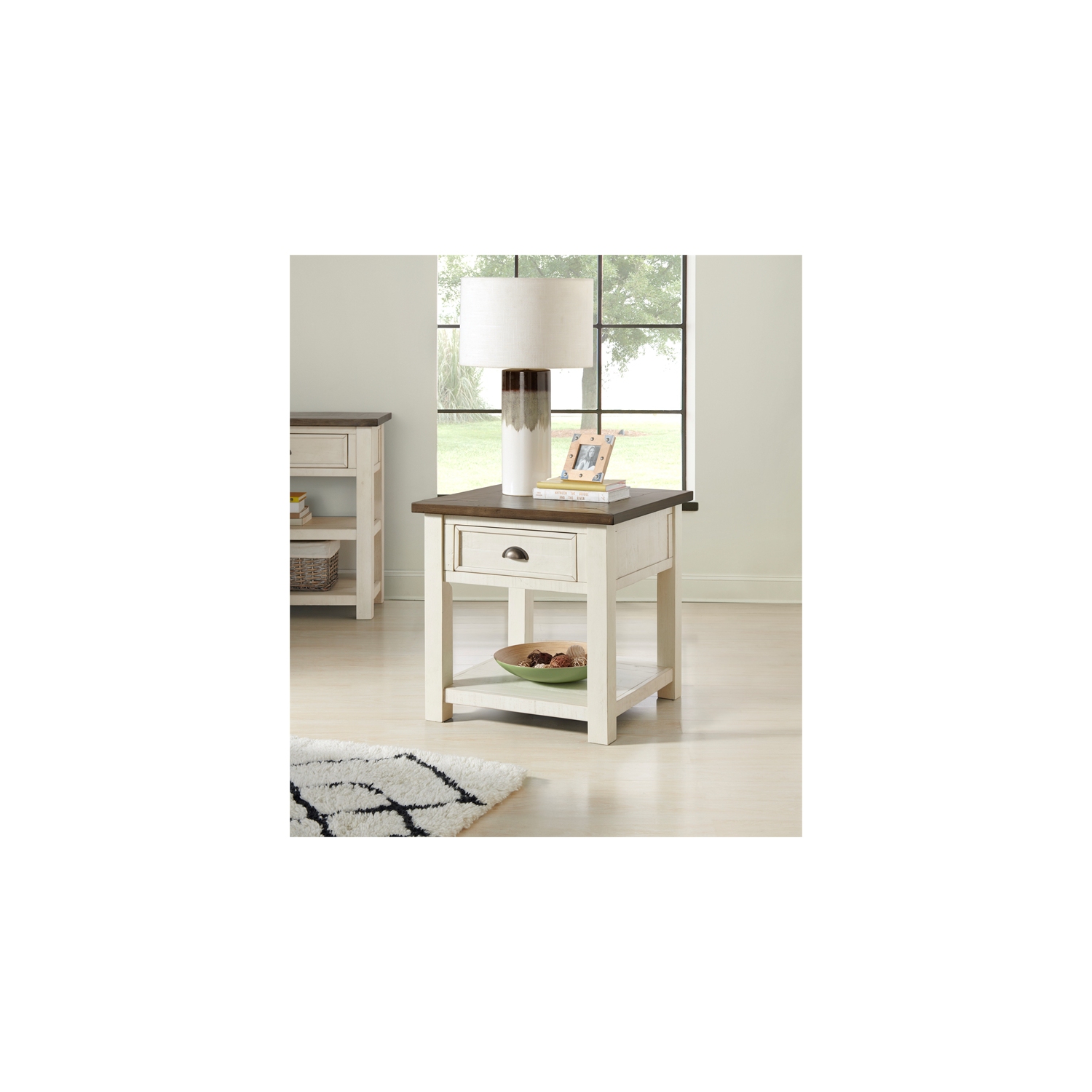 Bowery Hill Farmhouse Wood 1 Drawer End Table in Cream White and Brown