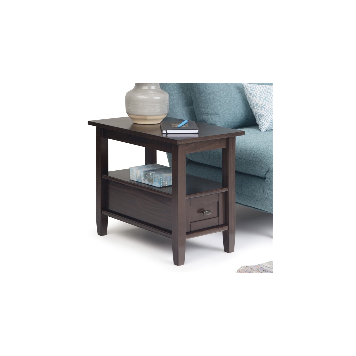 Simpli Home Warm Shaker Wood 14" Rectangle Transitional Narrow Side Table in Tobacco Brown