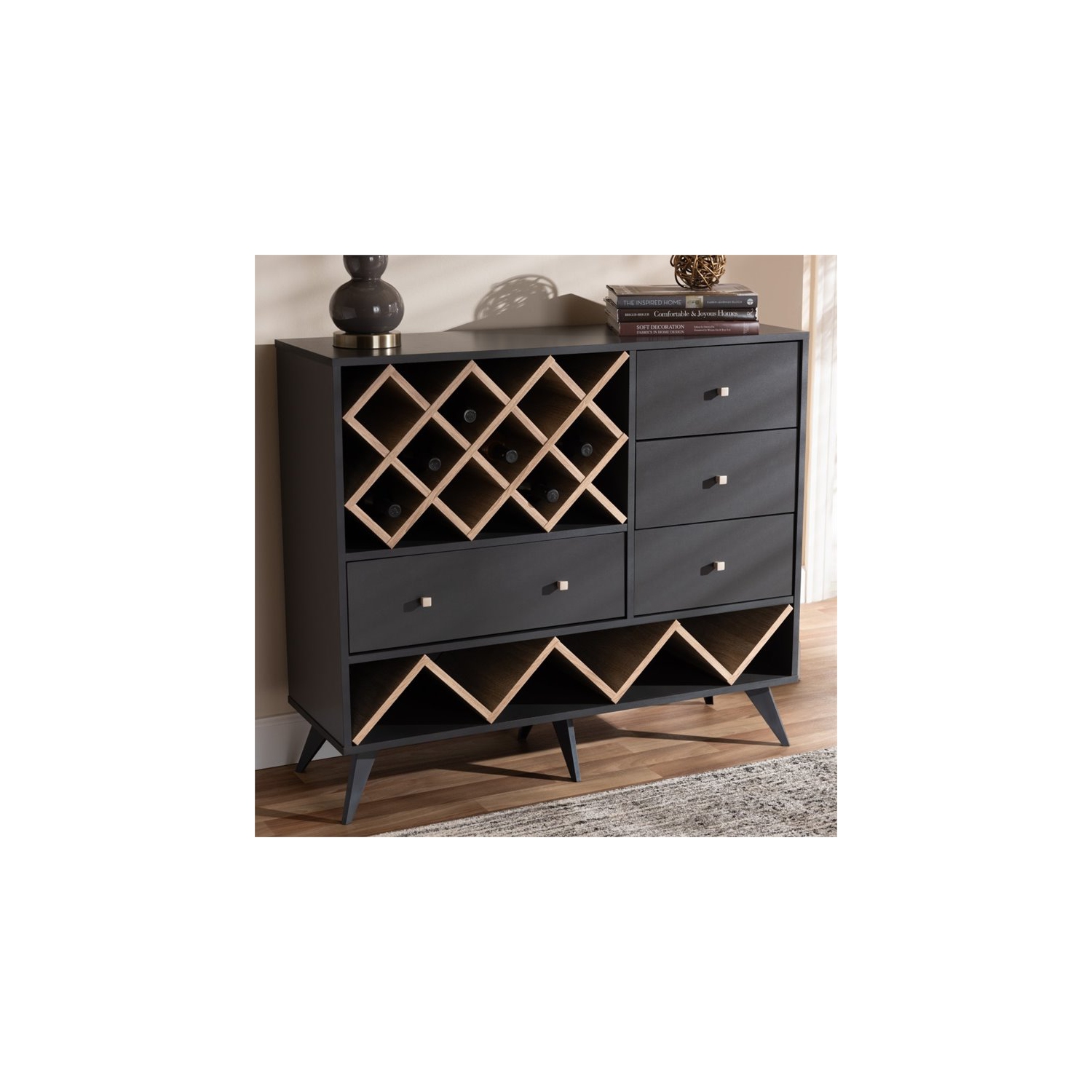 Baxton Studio Savino Wood Wine Cabinet in Dark Grey and Oak