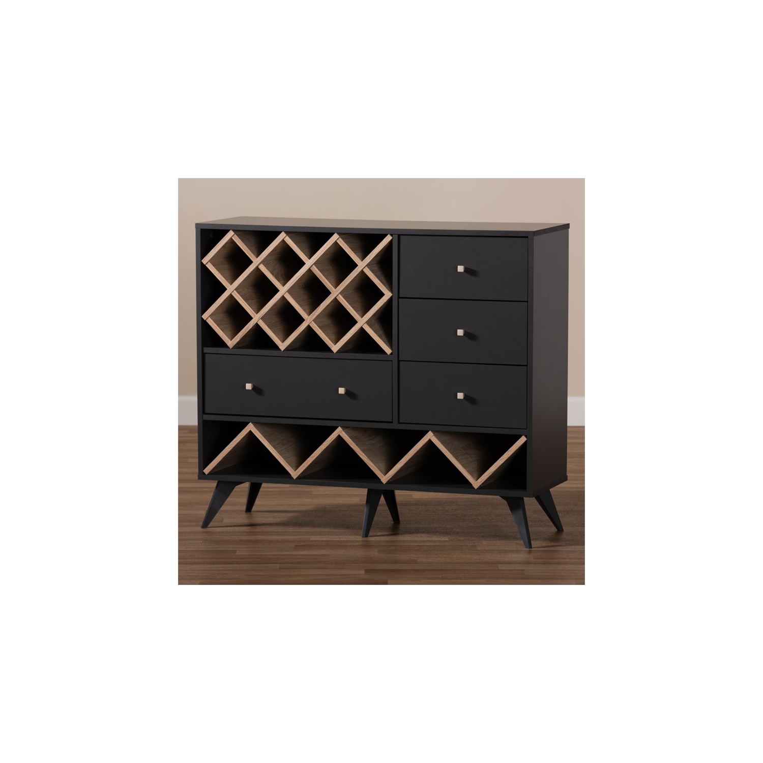 Baxton Studio Savino Wood Wine Cabinet in Dark Grey and Oak